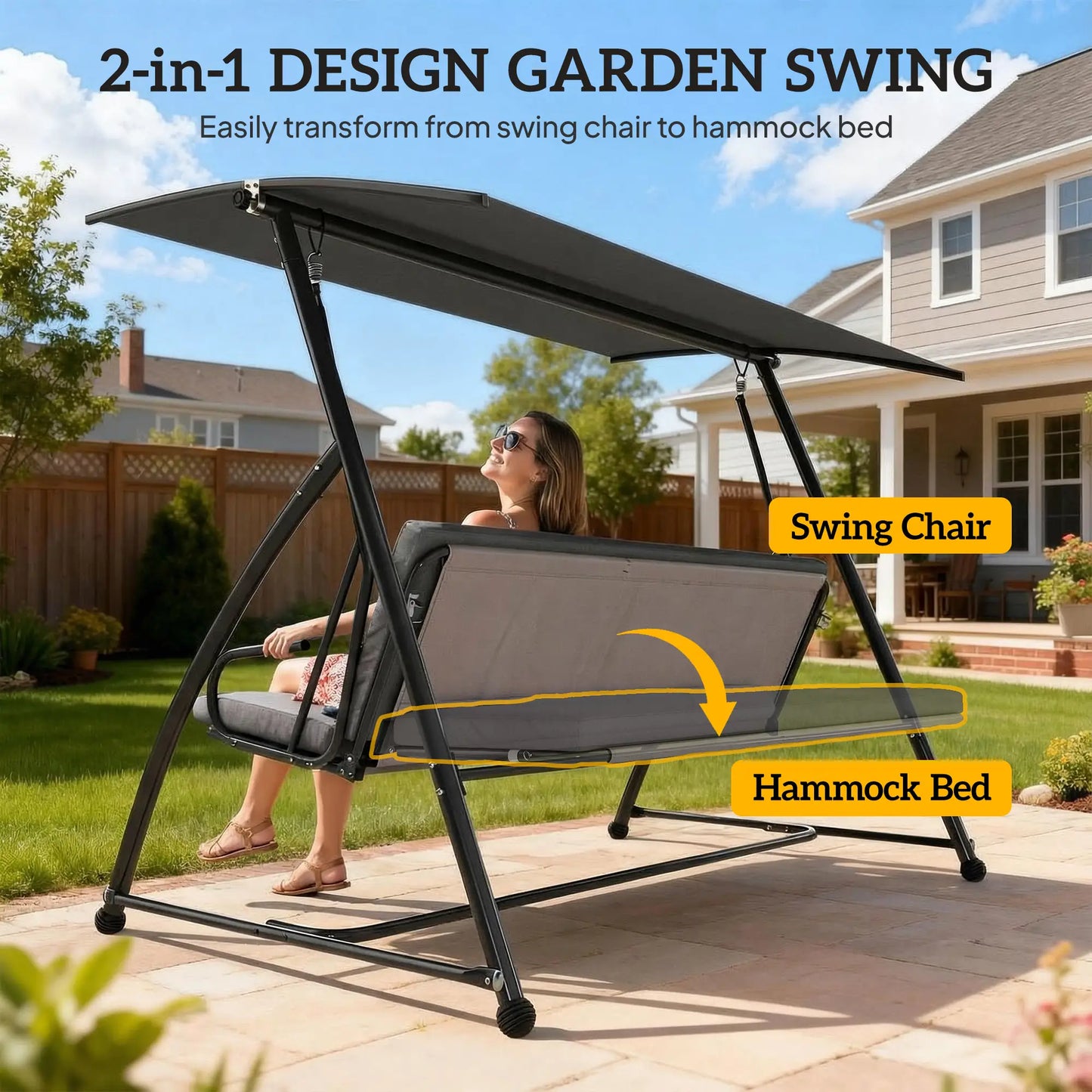 3 Person Patio Swing Chair, Convertible Hammock, Outdoor Lounge Bed, Dark Grey Porch Swings with Canopy at Gallery Canada