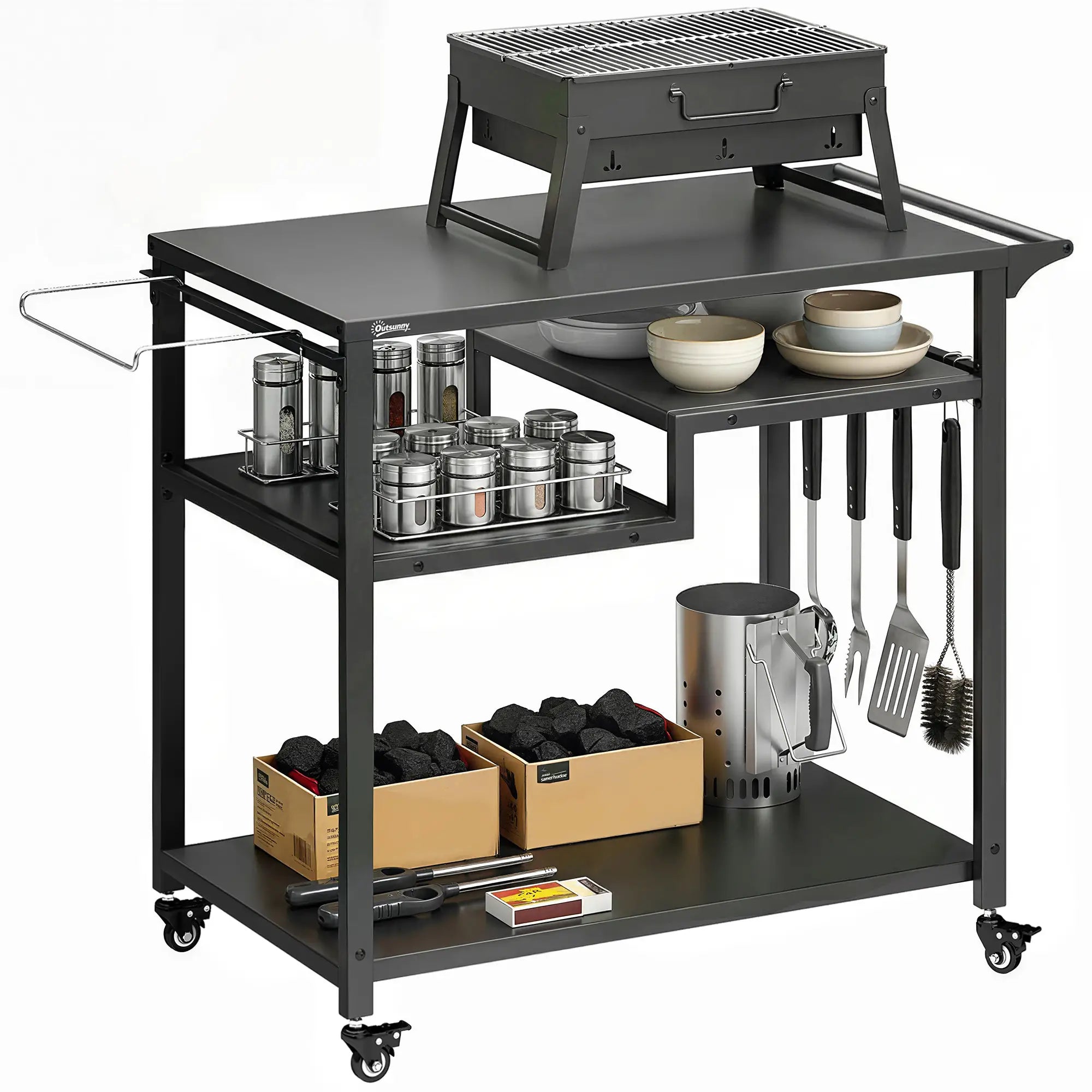 Outdoor Grill Cart, Three-Shelf Pizza Oven Stand With Hooks, Wheels, Black Outdoor Grill Carts at Gallery Canada