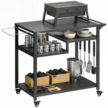 Outdoor Grill Cart, Three-Shelf Pizza Oven Stand With Hooks, Wheels, Black Outdoor Grill Carts at Gallery Canada