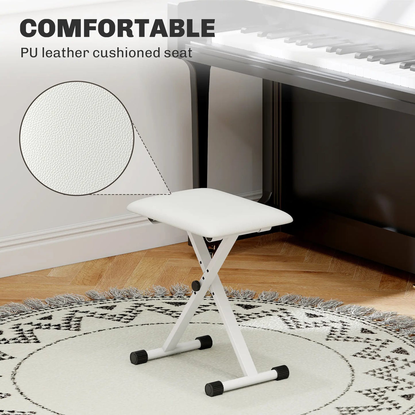 Adjustable Piano Bench, X-Style Folding Piano Stool with Padded Seat, Non-Slip Rubber Feet, Keyboard Chair, White