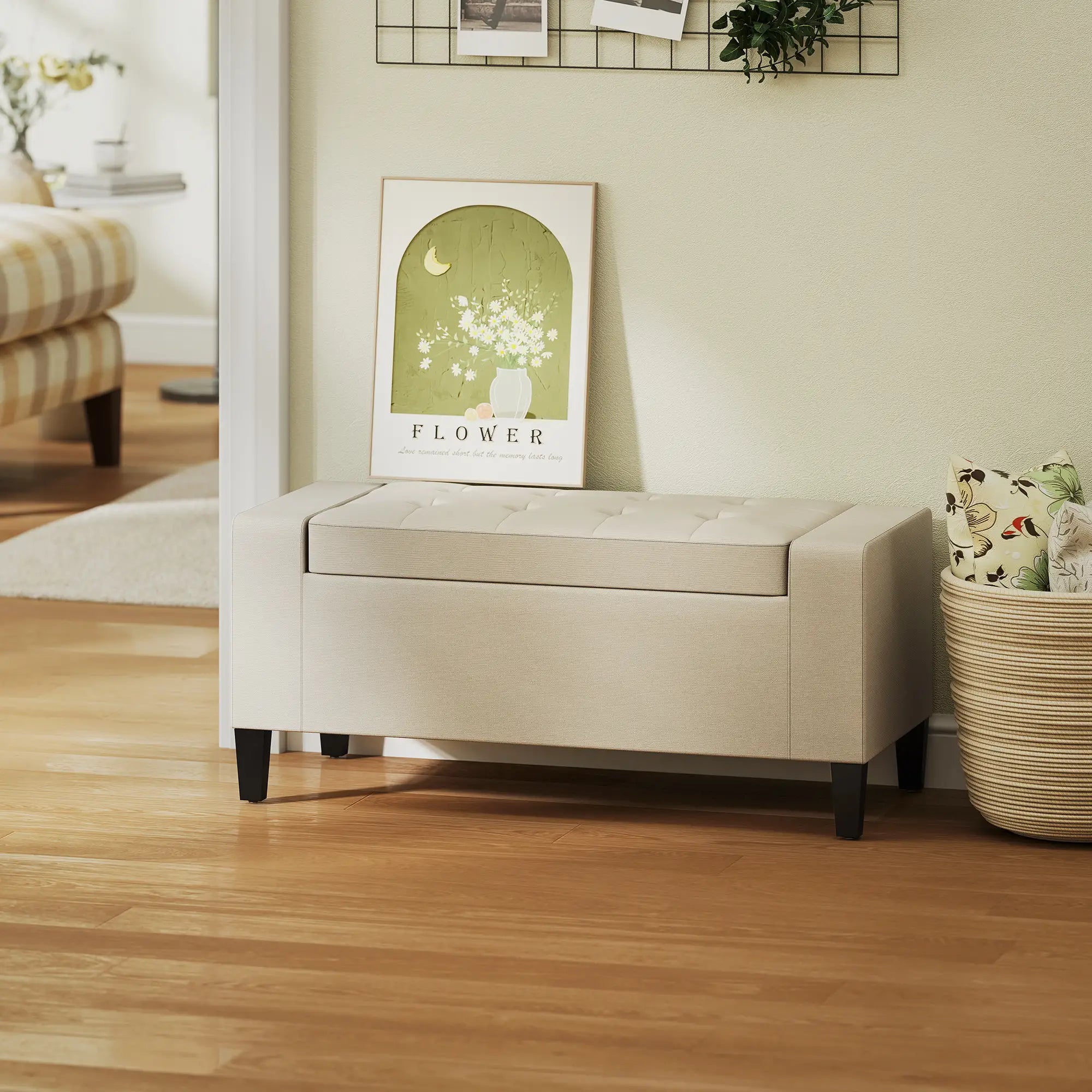 Storage Ottoman Bench, Tufted Linen Fabric, Flip Top, Beige Storage Ottomans & Benches at Gallery Canada