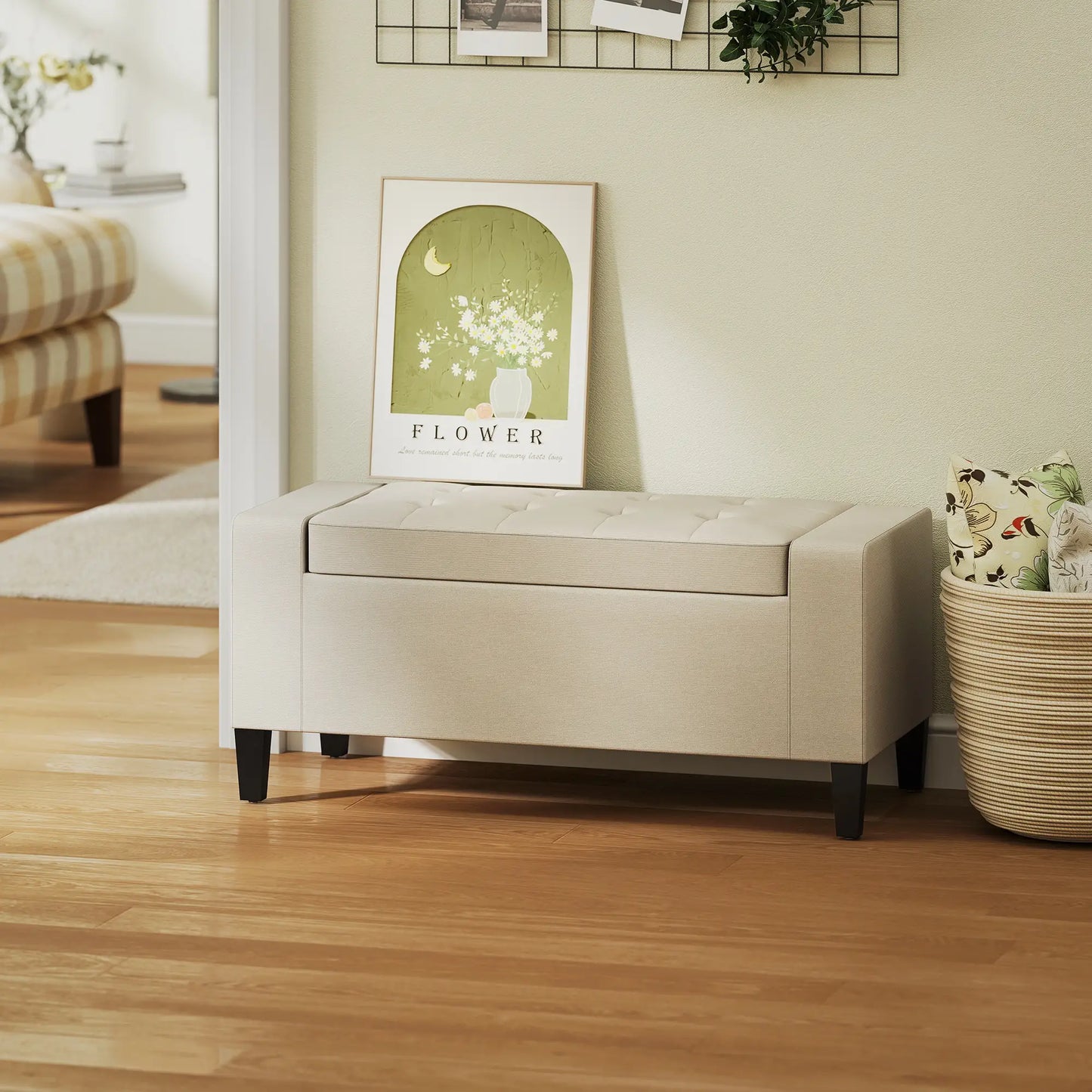 Storage Ottoman Bench, Tufted Linen Fabric, Flip Top, Beige Storage Ottomans & Benches at Gallery Canada