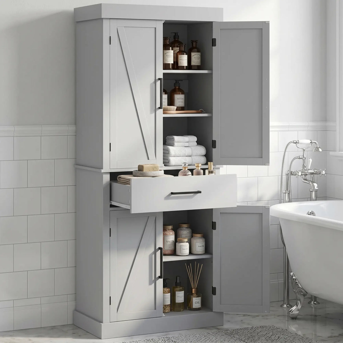 72" Kitchen Storage Cabinet, Farmhouse Pantry, 4 Barn Doors, Drawer, Adjustable Shelves, Grey Kitchen Pantry Cabinets at Gallery Canada