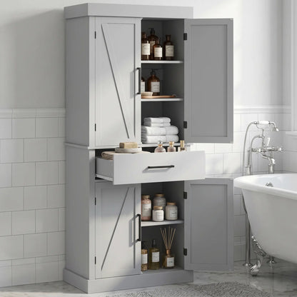72" Kitchen Storage Cabinet, Farmhouse Pantry, 4 Barn Doors, Drawer, Adjustable Shelves, Grey Kitchen Pantry Cabinets at Gallery Canada