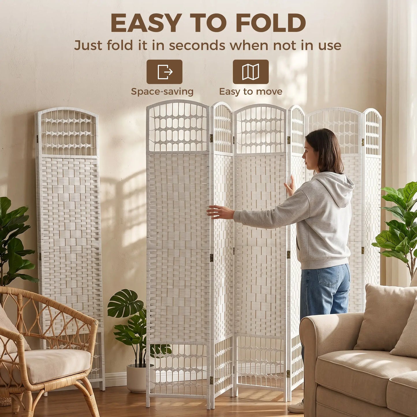 6 Panel Folding Room Divider, Portable Privacy Screen, White Room Dividers at Gallery Canada