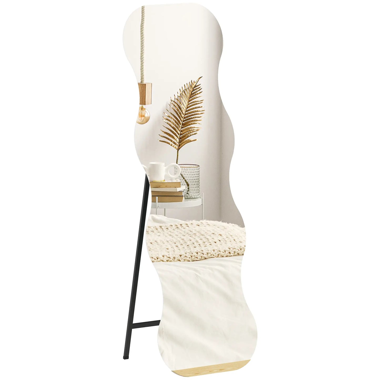 64" x 21" Full Length Mirror, Irregular Wavy Frameless with Pine Wood Base, Black Full Length Mirrors at Gallery Canada