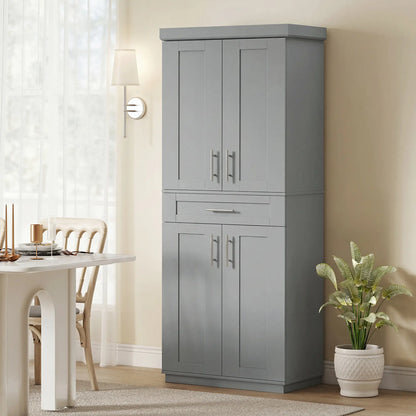 72" Storage Cabinet, Freestanding Kitchen Pantry Cabinet with 4 Doors, Drawer and 3 Adjustable Shelves, Grey Kitchen Pantry Cabinets at Gallery Canada