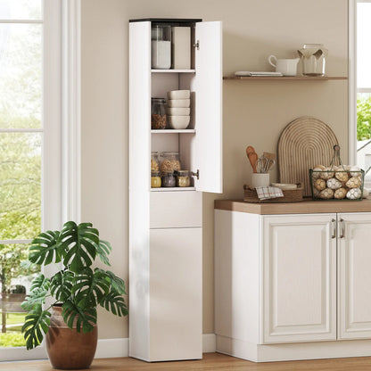 Tall Bathroom Cabinet, 2 Cupboards And Drawer, Adjustable Shelves, White