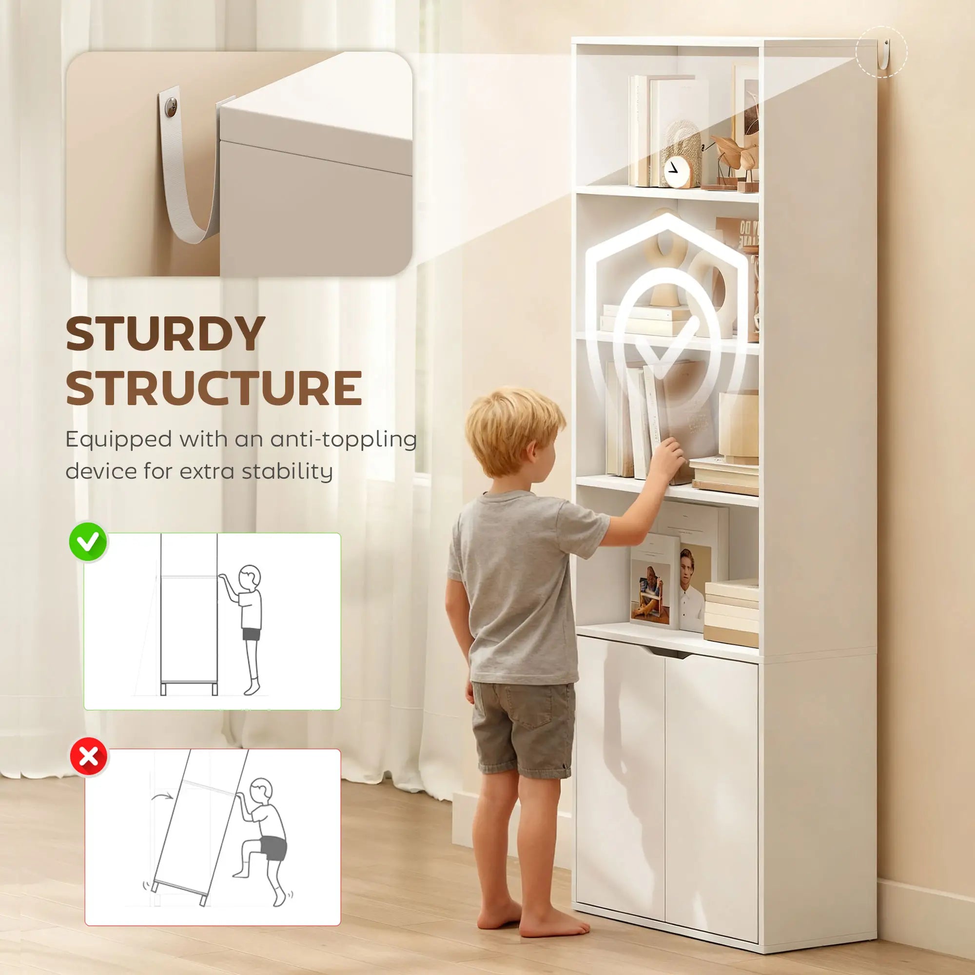 4-Tier Open Bookshelf with Doors, Home Office Bookcase, White White Bookshelves at Gallery Canada