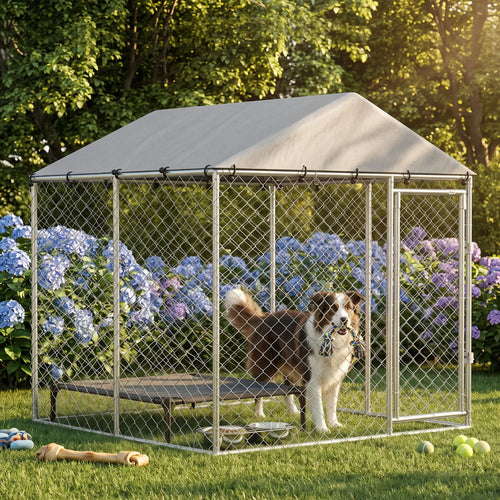 6.6' x 6.6' x 6.6' Outdoor Dog Kennel Heavy Duty Galvanized Steel with UV-resistant Roof, Silver