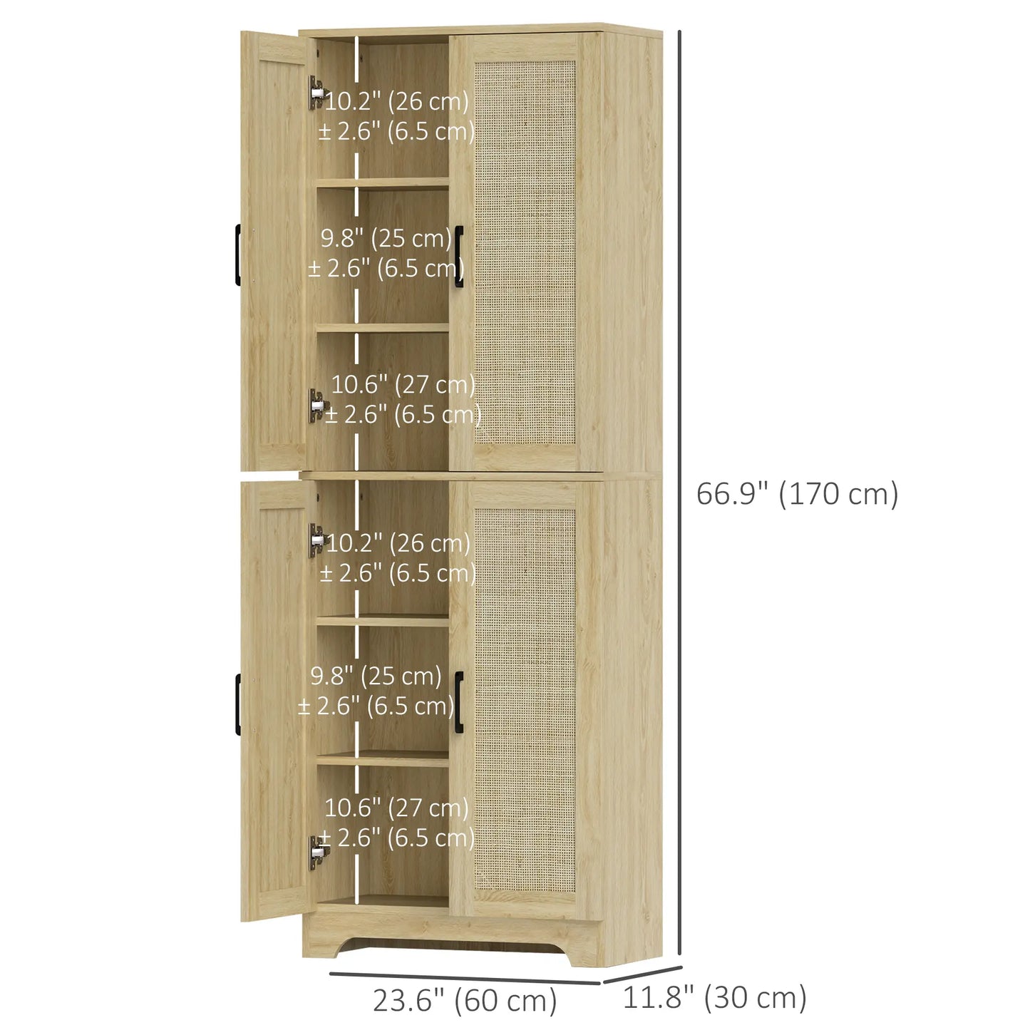 67" Tall Kitchen Pantry, Freestanding Cabinet, 4 Rattan Doors, Adjustable Shelves, Oak Storage Cabinets at Gallery Canada