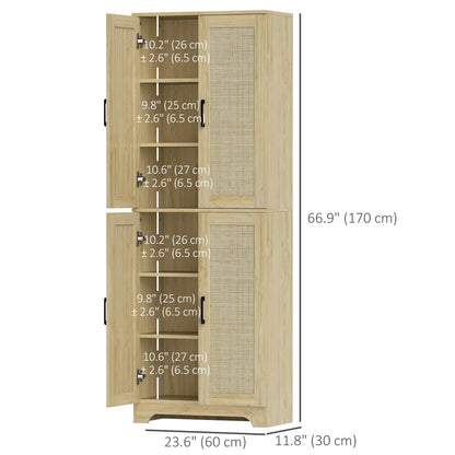 67" Tall Kitchen Pantry, Freestanding Cabinet, 4 Rattan Doors, Adjustable Shelves, Oak Storage Cabinets at Gallery Canada