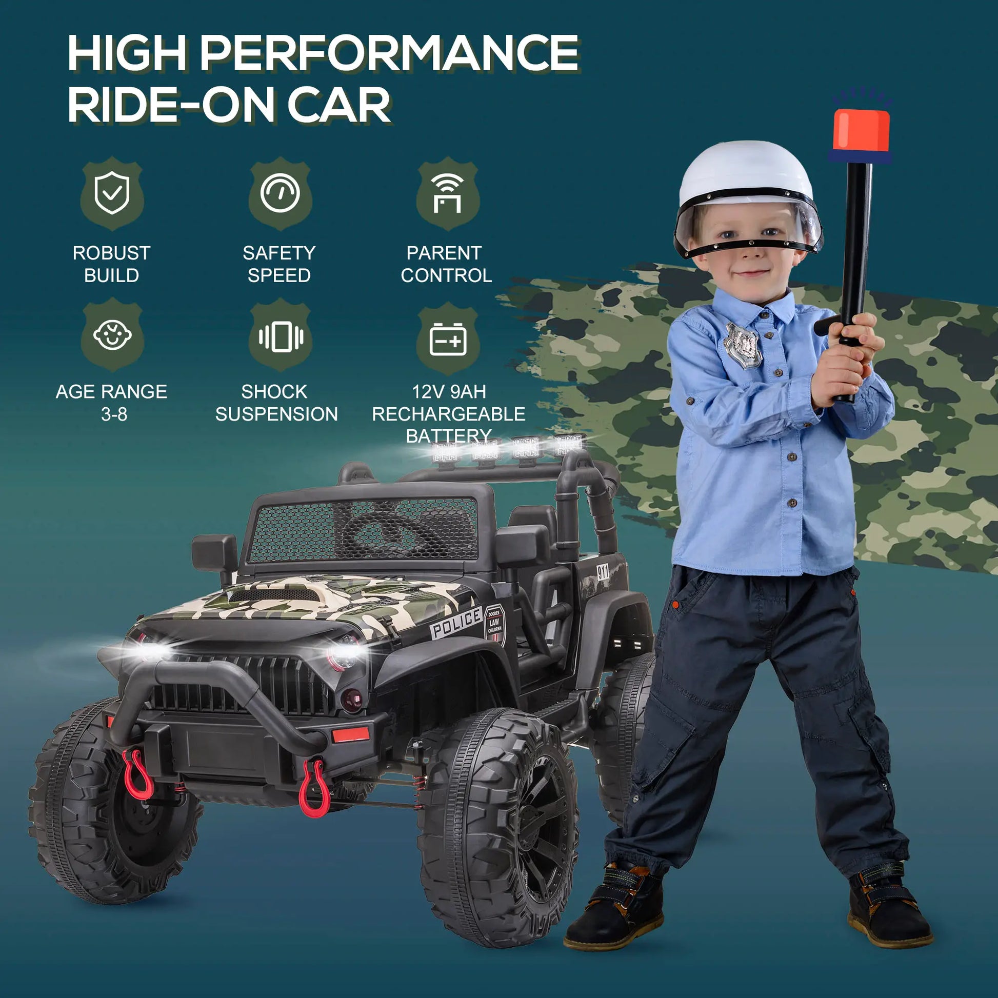 12V Kids Jeep Ride On Police Car, Parental Remote, Camouflage Electric Toy Cars at Gallery Canada
