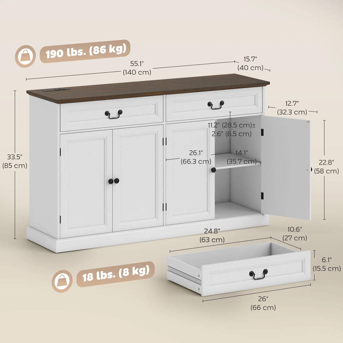 55" Buffet Cabinet, White Wood Grain, Charging Station, 2 Drawers, White Bar Cabinets at Gallery Canada