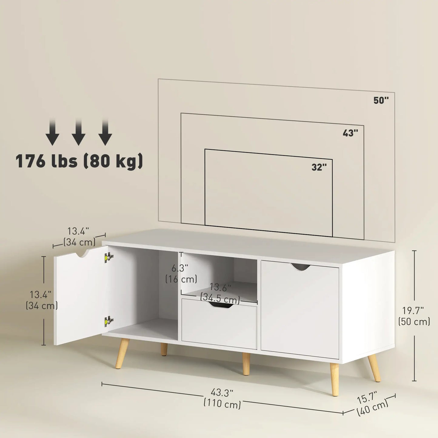 TV Stand for 50" TV, Storage with Shelf, Drawer, 2 Cabinets, White TV Stands at Gallery Canada