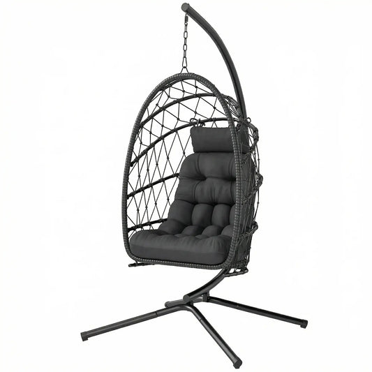 Hanging Egg Chair With Stand, Foldable Wicker Rattan Swing, Thick Cushion, Black Patio Swings with Stand Black at Gallery Canada