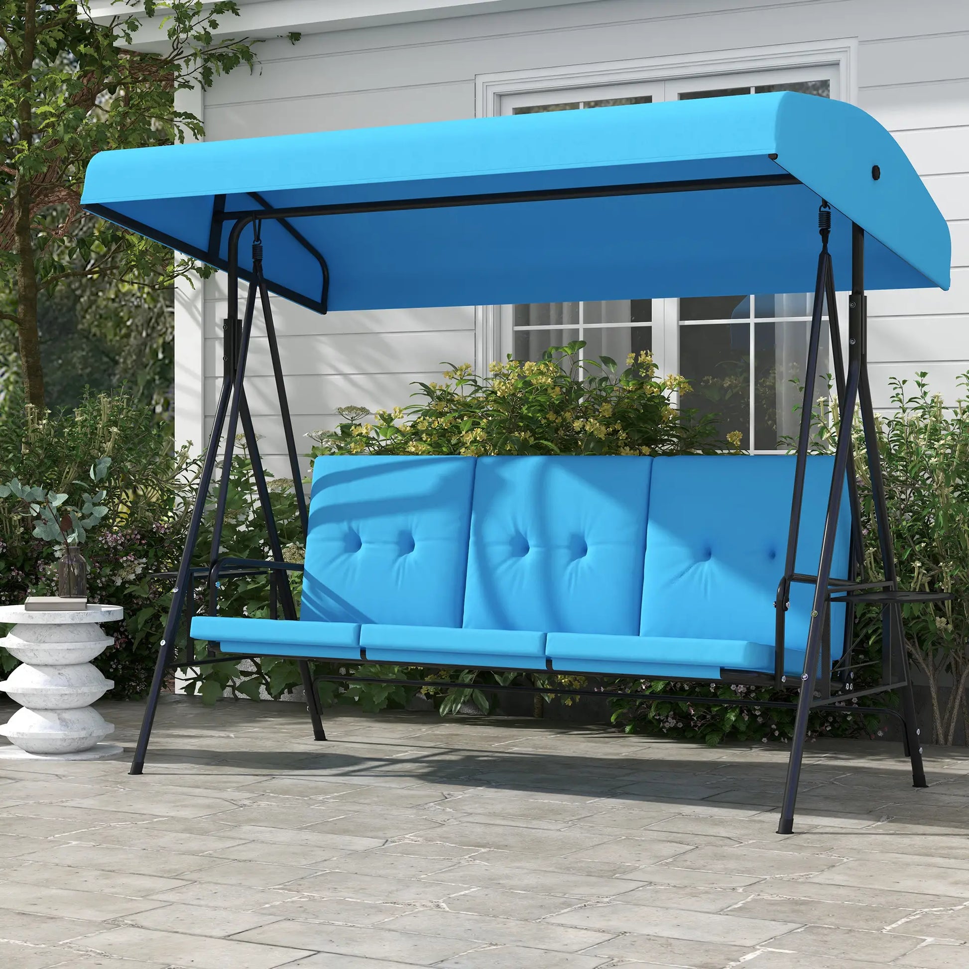 3-Seat Outdoor Porch Swing with Canopy, Side Tray, Cushion, Blue Patio Swings with Stand at Gallery Canada