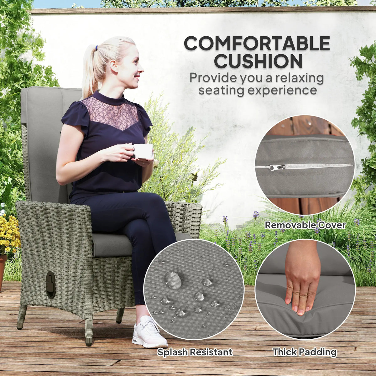Wicker Outdoor Recliner Chair, Adjustable Backrest With Cushion, Grey Wicker Chaise Loungers at Gallery Canada