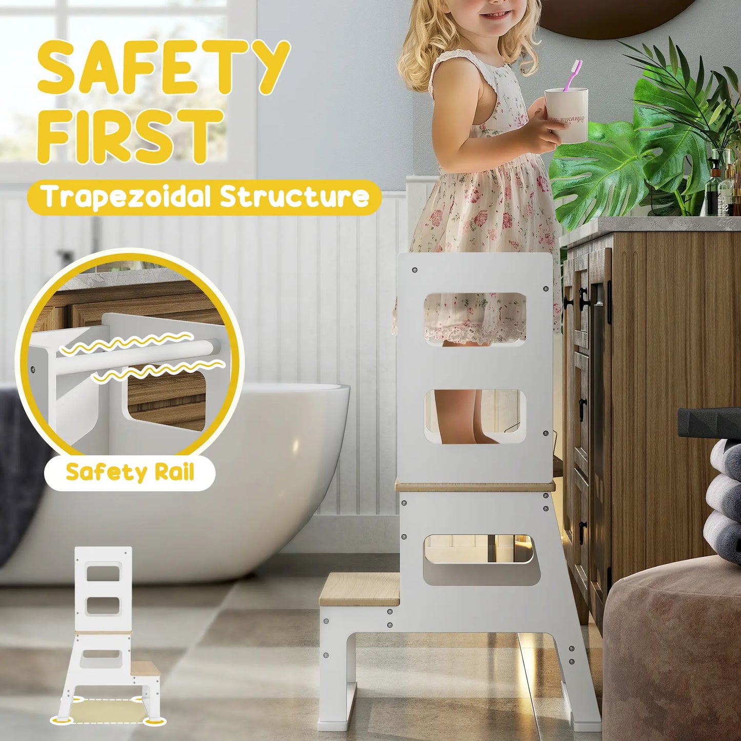 2 in 1 Toddler Tower with Chalkboard, Safety Rail, White Toddler & Kids Step Stools at Gallery Canada