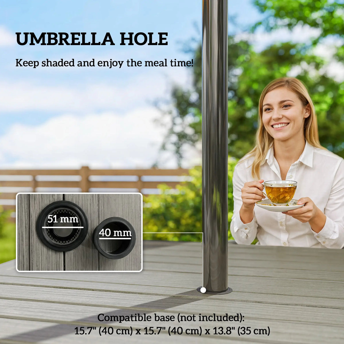 Square Patio Table With Umbrella Hole, Shelf, Slatted Faux Wood Steel Top, Grey Patio Dining Tables at Gallery Canada