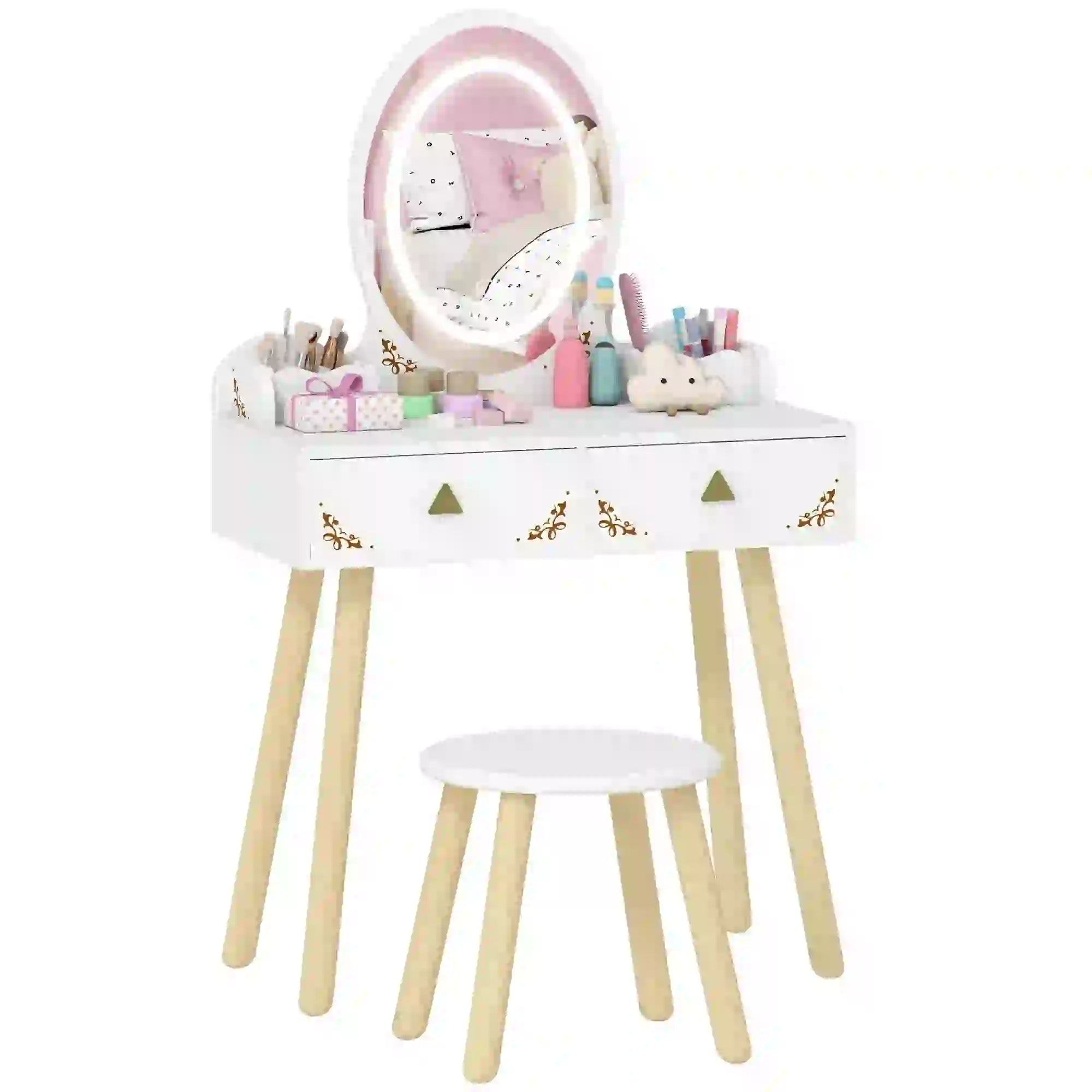 Kids Vanity Set with Mirror, Stool, 3-Color LED Lights, Pink Toy Vanity at Gallery Canada
