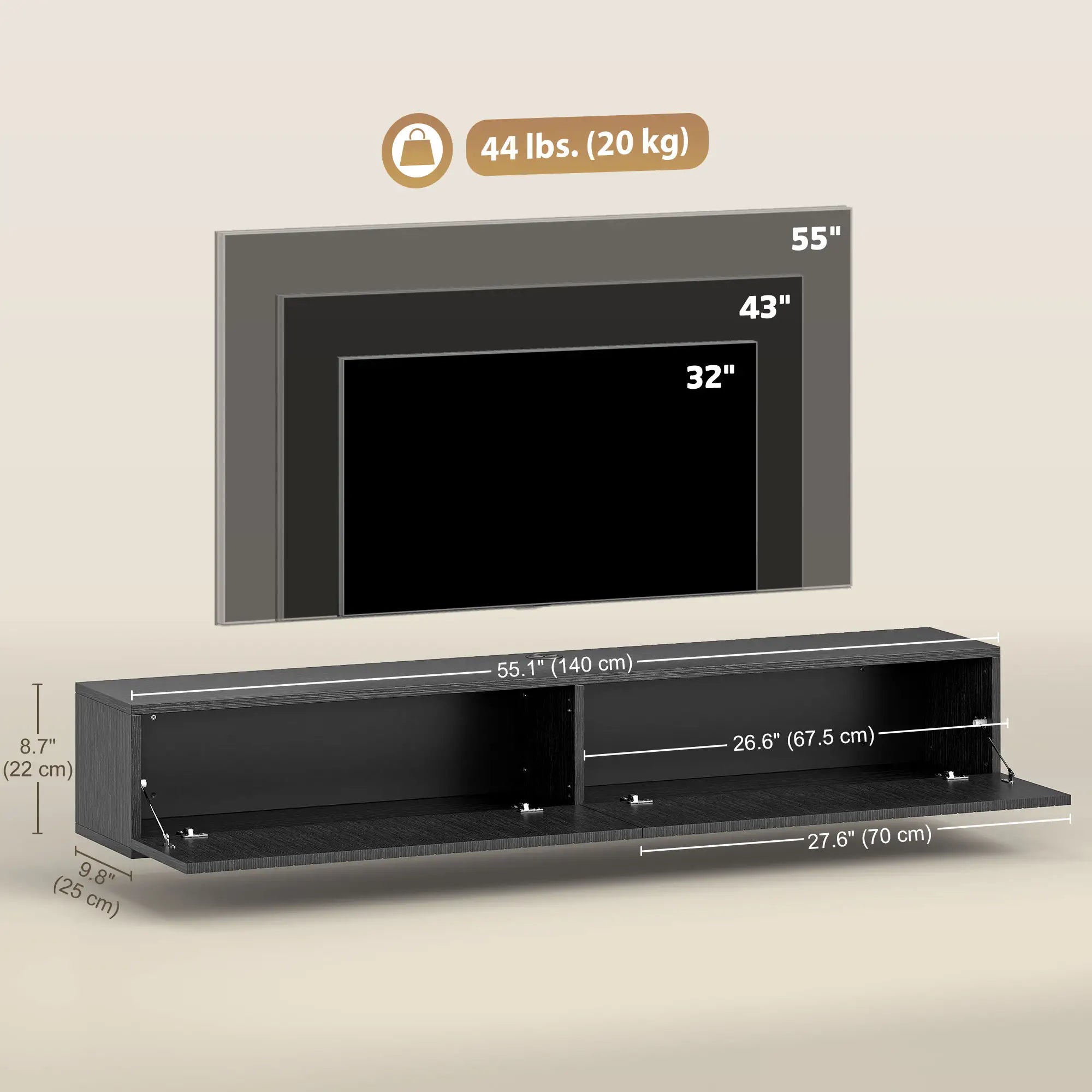 55 Inch Floating TV Stand, Wall Mount Media Console, 2 Fluted Doors, Black TV Stands at Gallery Canada