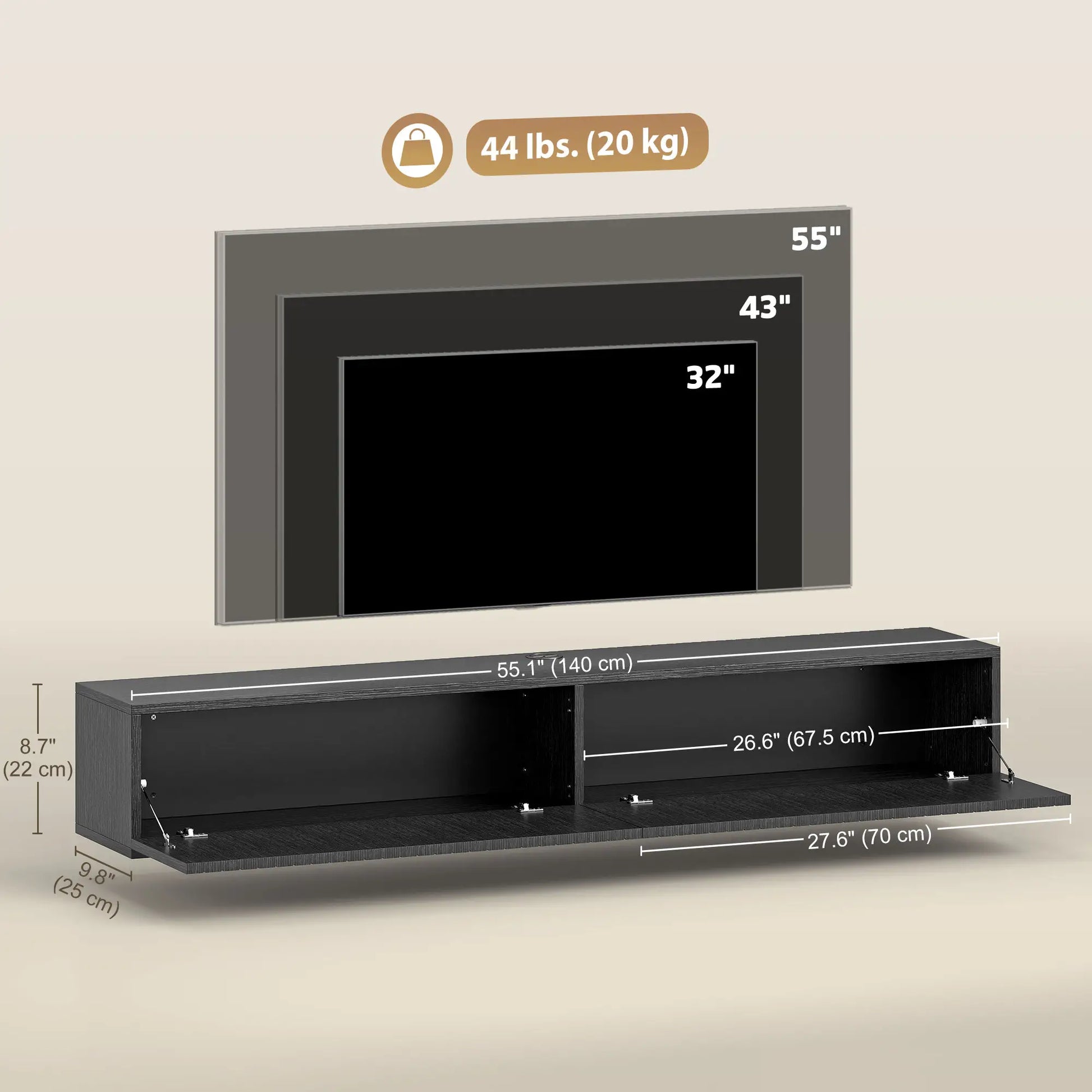 55 Inch Floating TV Stand, Wall Mount Media Console, 2 Fluted Doors, Black TV Stands at Gallery Canada