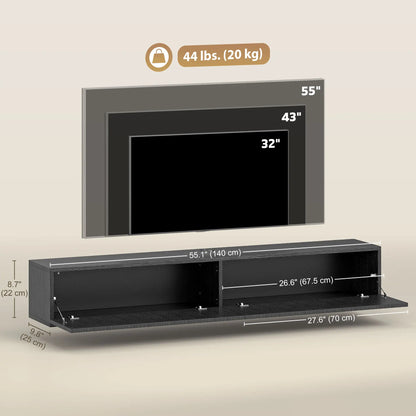 55 Inch Floating TV Stand, Wall Mount Media Console, 2 Fluted Doors, Black TV Stands at Gallery Canada