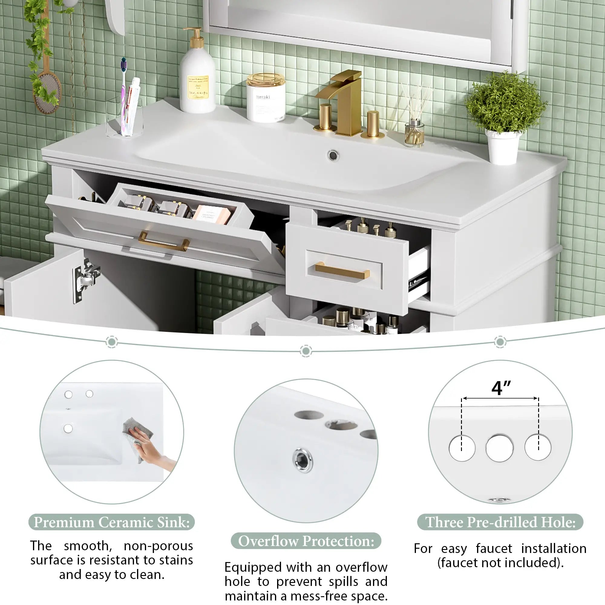 Bathroom Vanity with Ceramic Sink, Soft Close Doors, 4 Drawers, 36