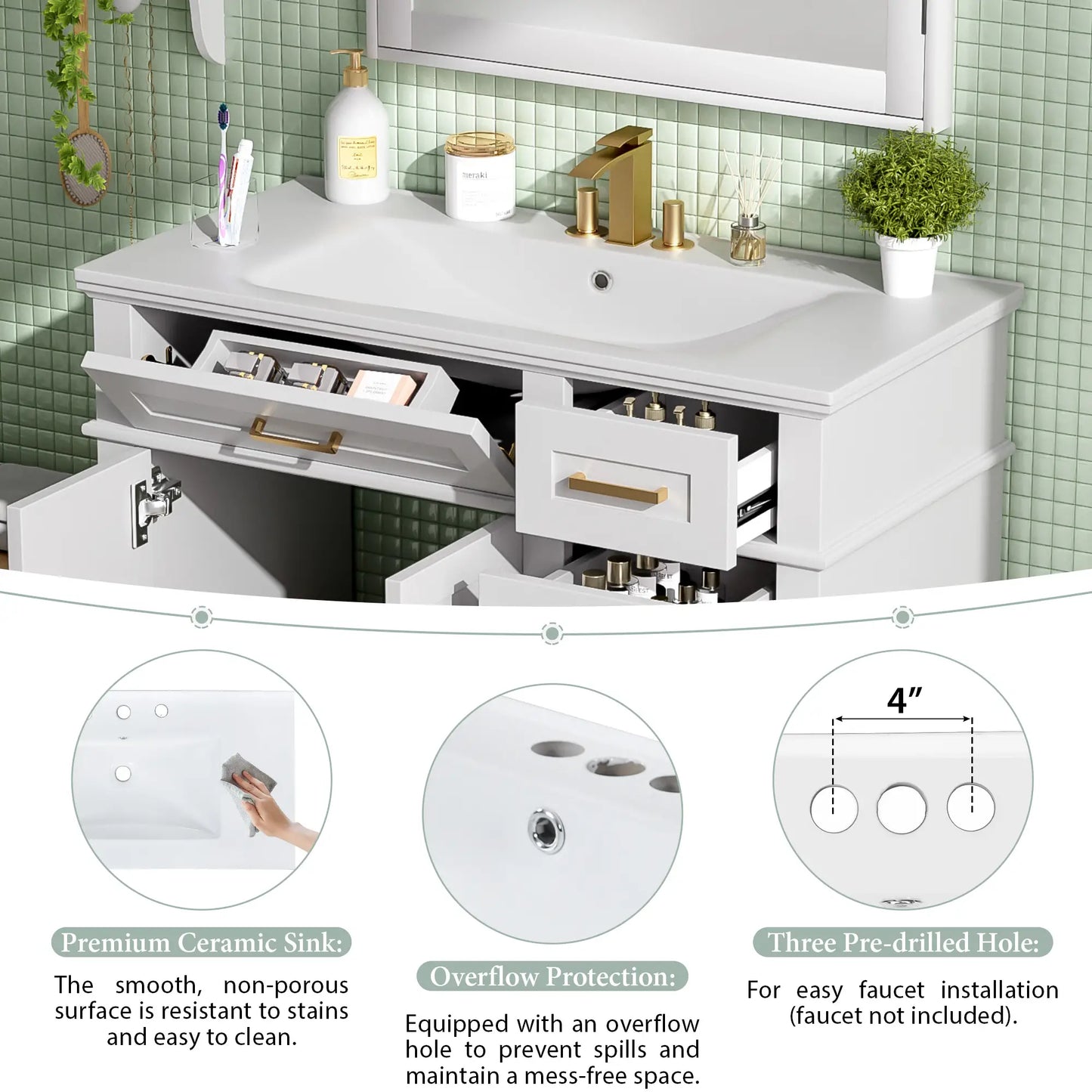 Bathroom Vanity with Ceramic Sink, Soft Close Doors, 4 Drawers, 36" L x 18.5" W x 35" H, White Sink Cabinets at Gallery Canada
