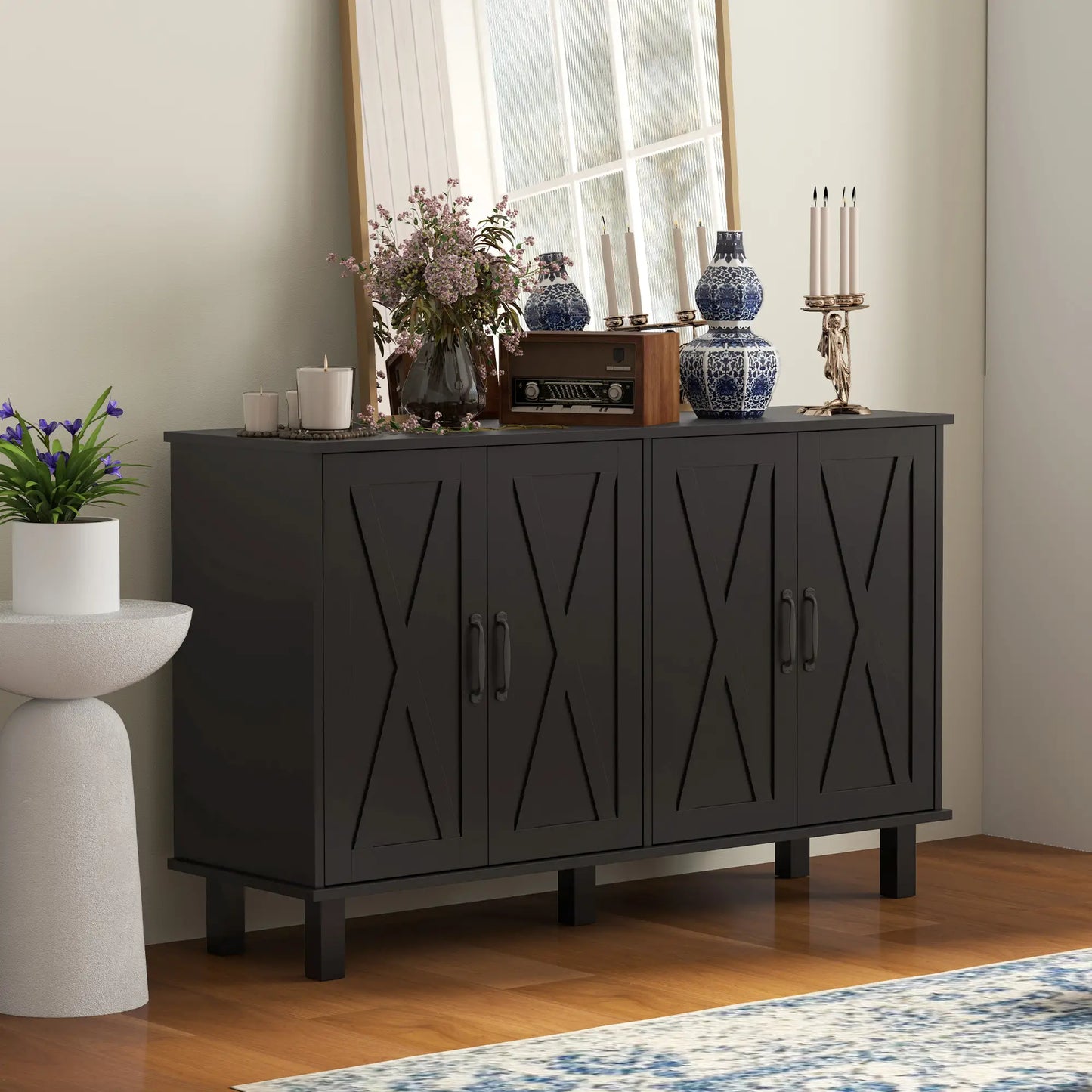 Kitchen Sideboard Cabinet, 4 Barn Doors, 2 Adjustable Shelves, Black Bar Cabinets at Gallery Canada