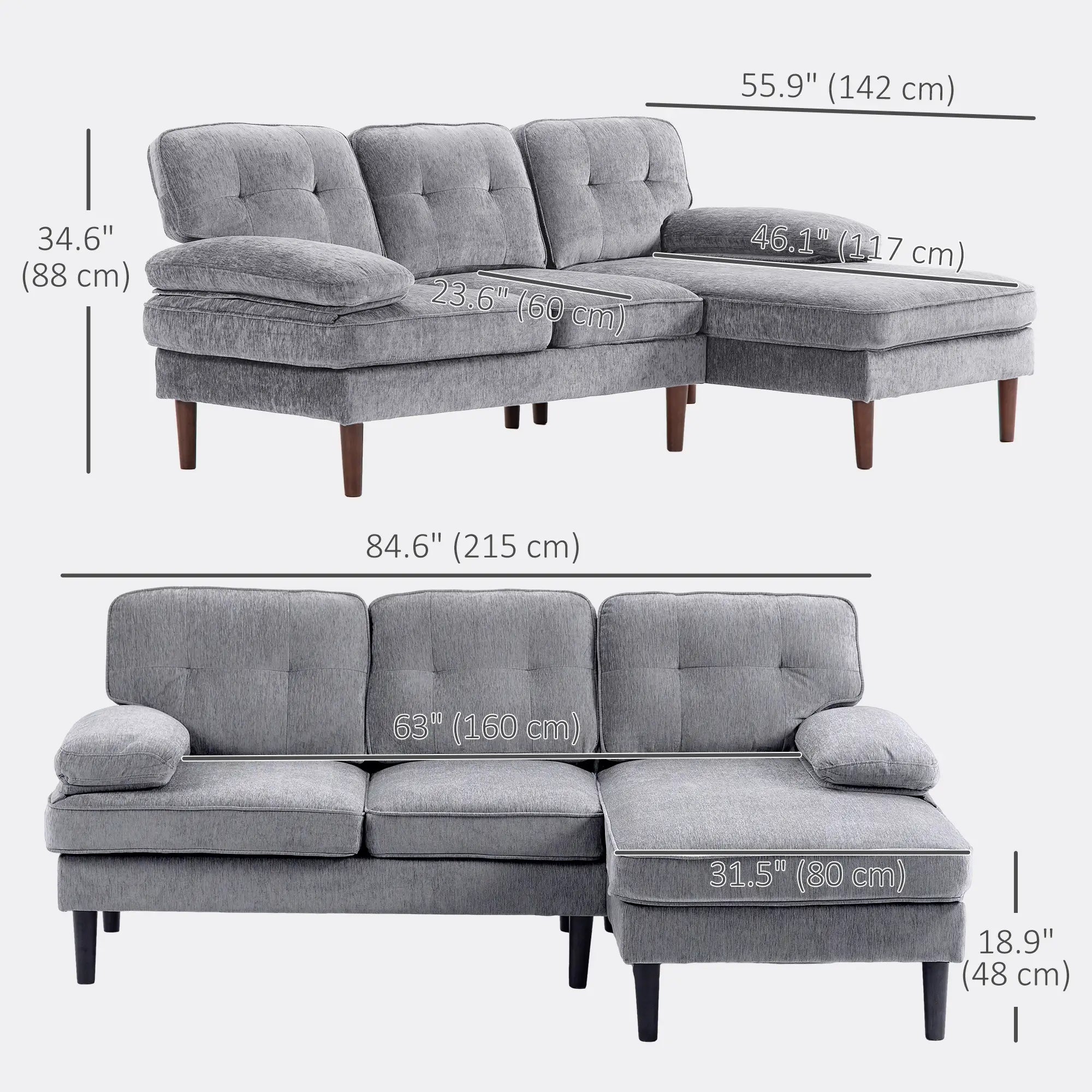 Modern Corner Couch with Right Chaise Lounge, Tufted 3-Seater Sofa with Wooden Legs for Living Room, Grey 3-Seater Sofas at Gallery Canada