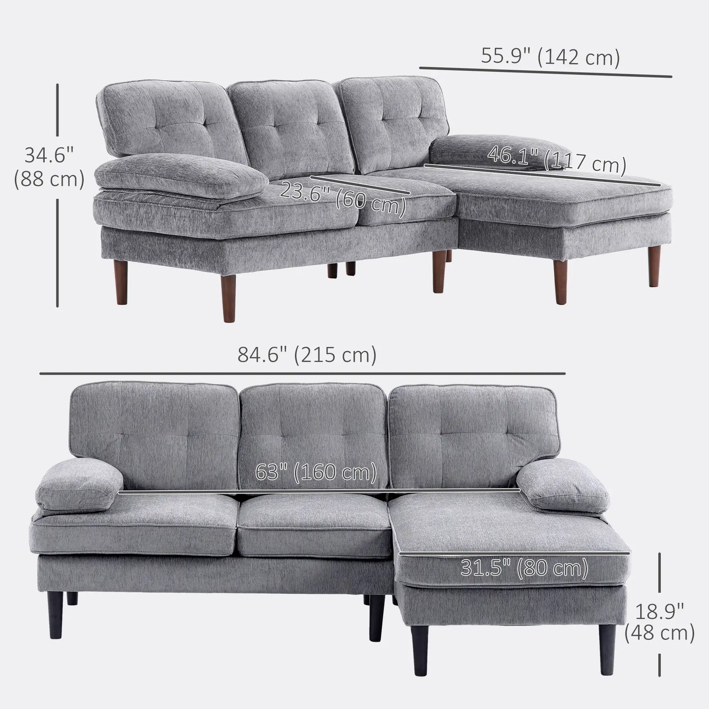Modern Corner Couch with Right Chaise Lounge, Tufted 3-Seater Sofa with Wooden Legs for Living Room, Grey 3-Seater Sofas at Gallery Canada