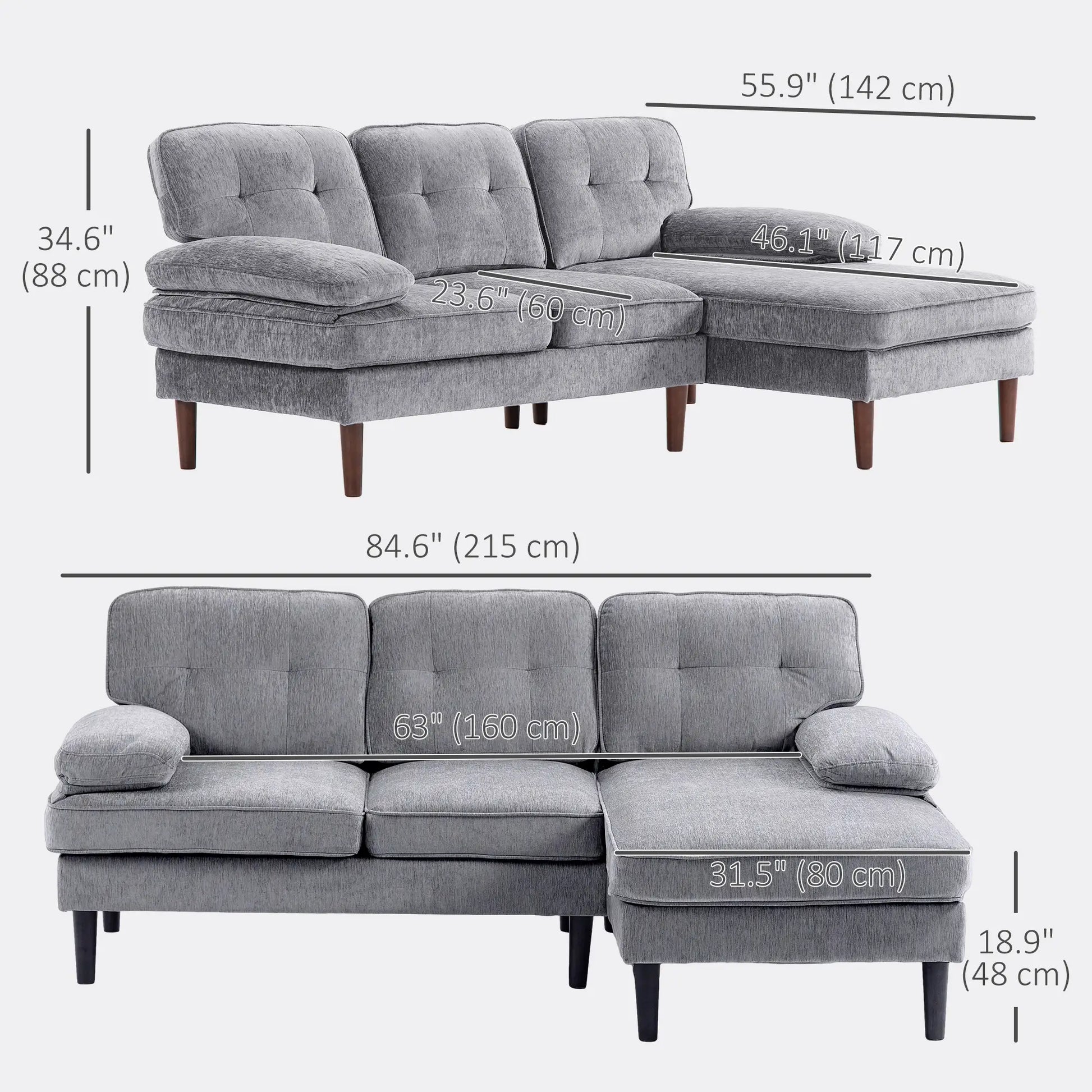 Modern Corner Couch with Right Chaise Lounge, Tufted 3-Seater Sofa with Wooden Legs for Living Room, Grey 3-Seater Sofas at Gallery Canada