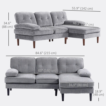 Modern Corner Couch with Right Chaise Lounge, Tufted 3-Seater Sofa with Wooden Legs for Living Room, Grey 3-Seater Sofas at Gallery Canada