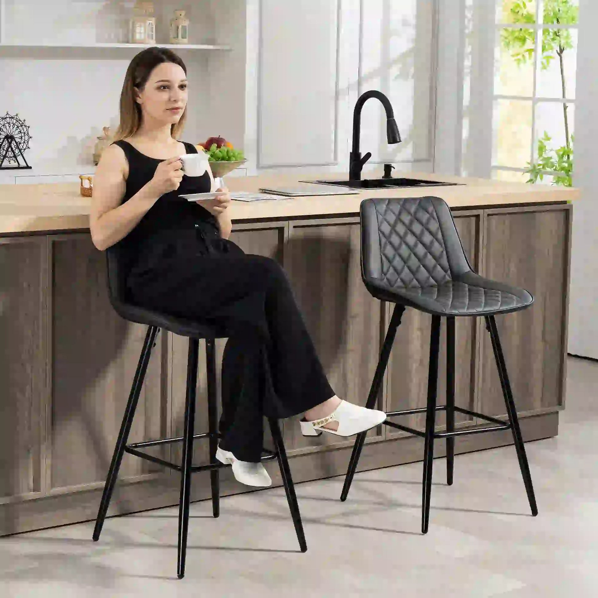 PU Leather Counter Height Bar Chairs Set of 2, 27.75" Bar Stools, Black Bar Stools at Gallery Canada