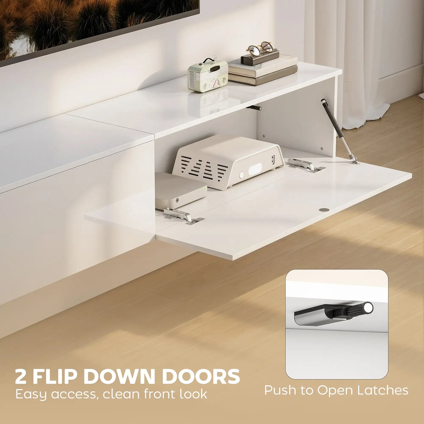 Floating TV Stand For 75 Inch TVs, 70.9 Inch Cabinet, High Gloss White, White TV Stands at Gallery Canada