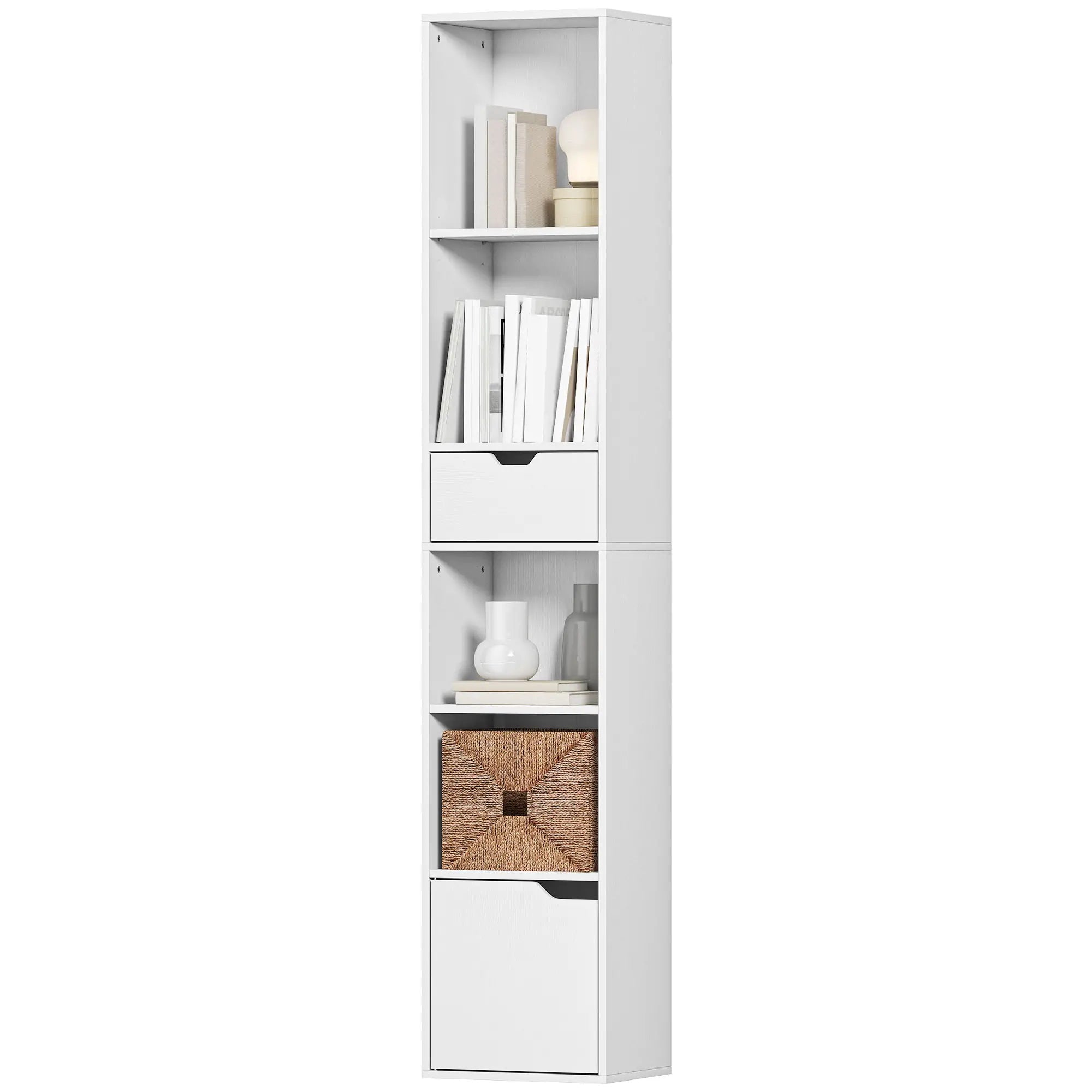 6-Tier Bookcase, Tall Narrow Bookshelf with Drawer and Door, White Display Bookshelves White at Gallery Canada