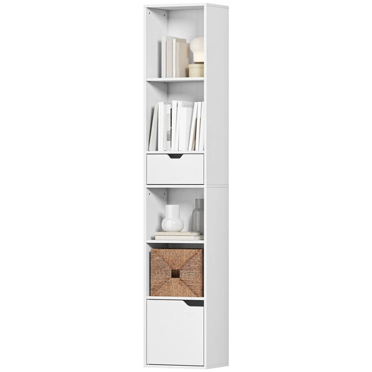 6-Tier Bookcase, Tall Narrow Bookshelf with Drawer and Door, White Display Bookshelves White at Gallery Canada
