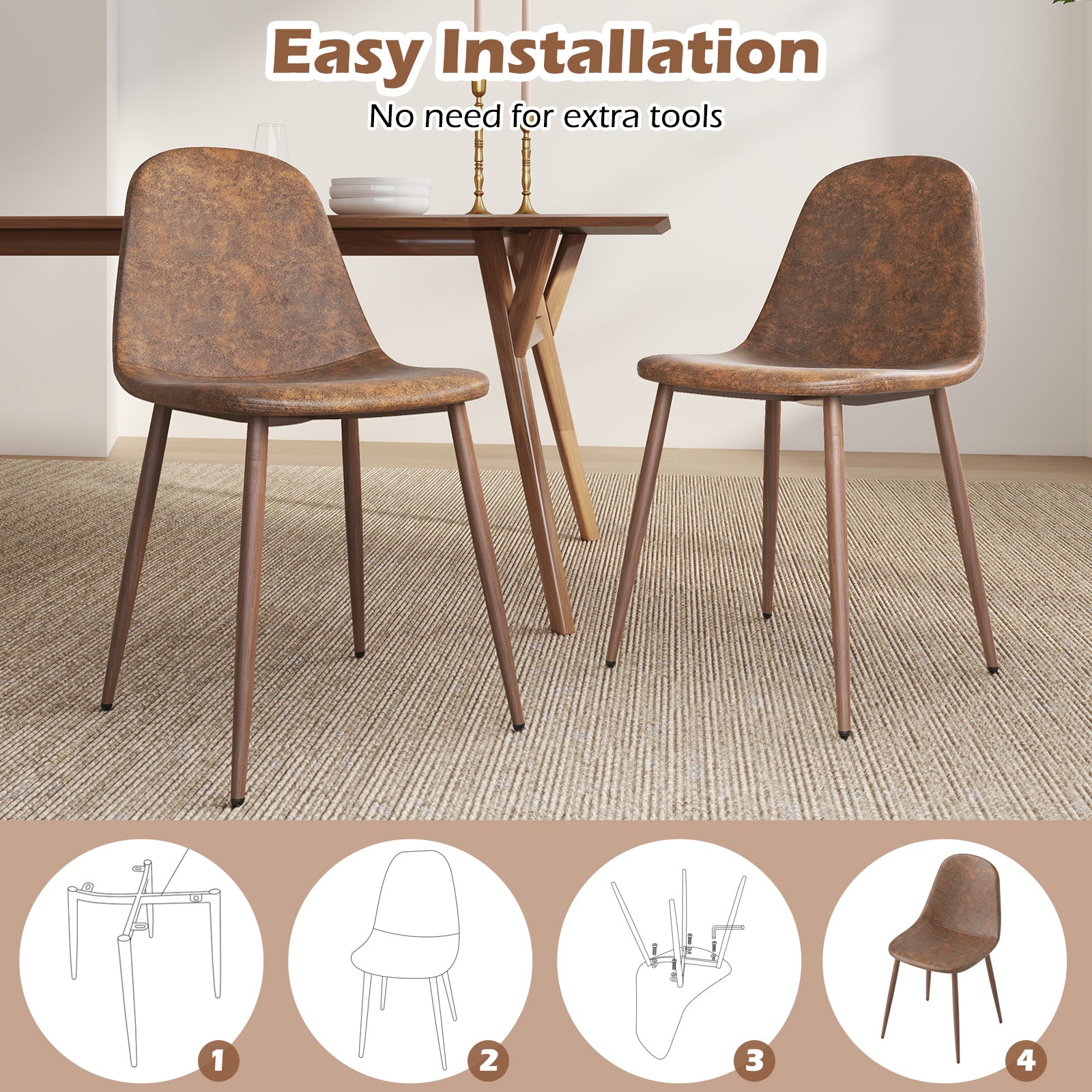 Dining Chair Set of 4 Faux PU Leather Upholstered Kitchen Chairs with Metal Legs, Brown Dining Chairs at Gallery Canada