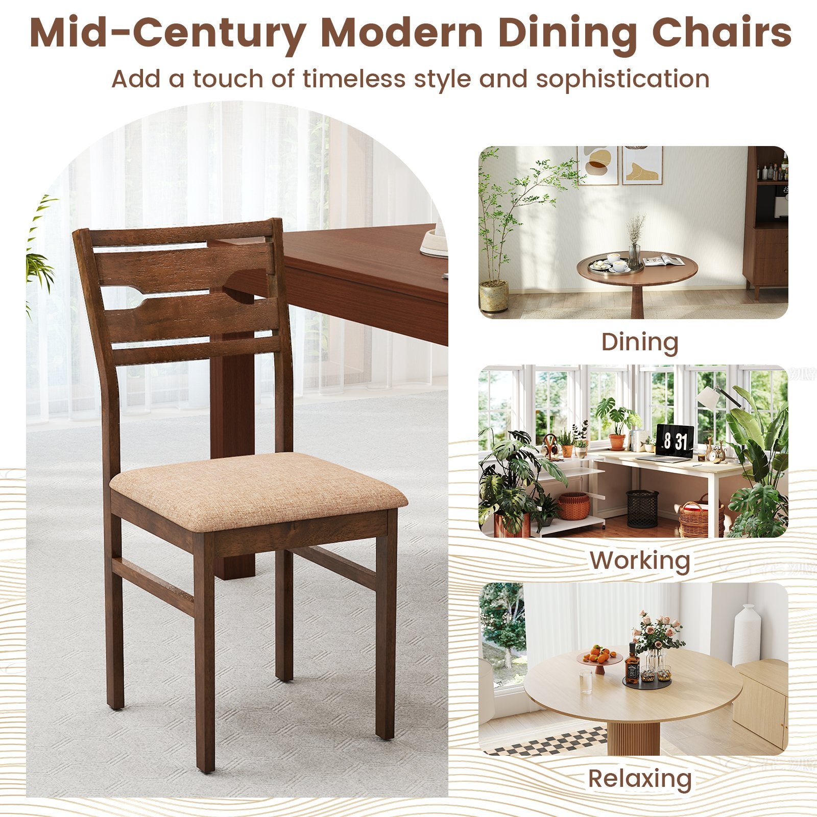 Dining Chair Set of 2/4 with Rubber Wood Frame and Padded Seat-2 Dining Chairs at Gallery Canada