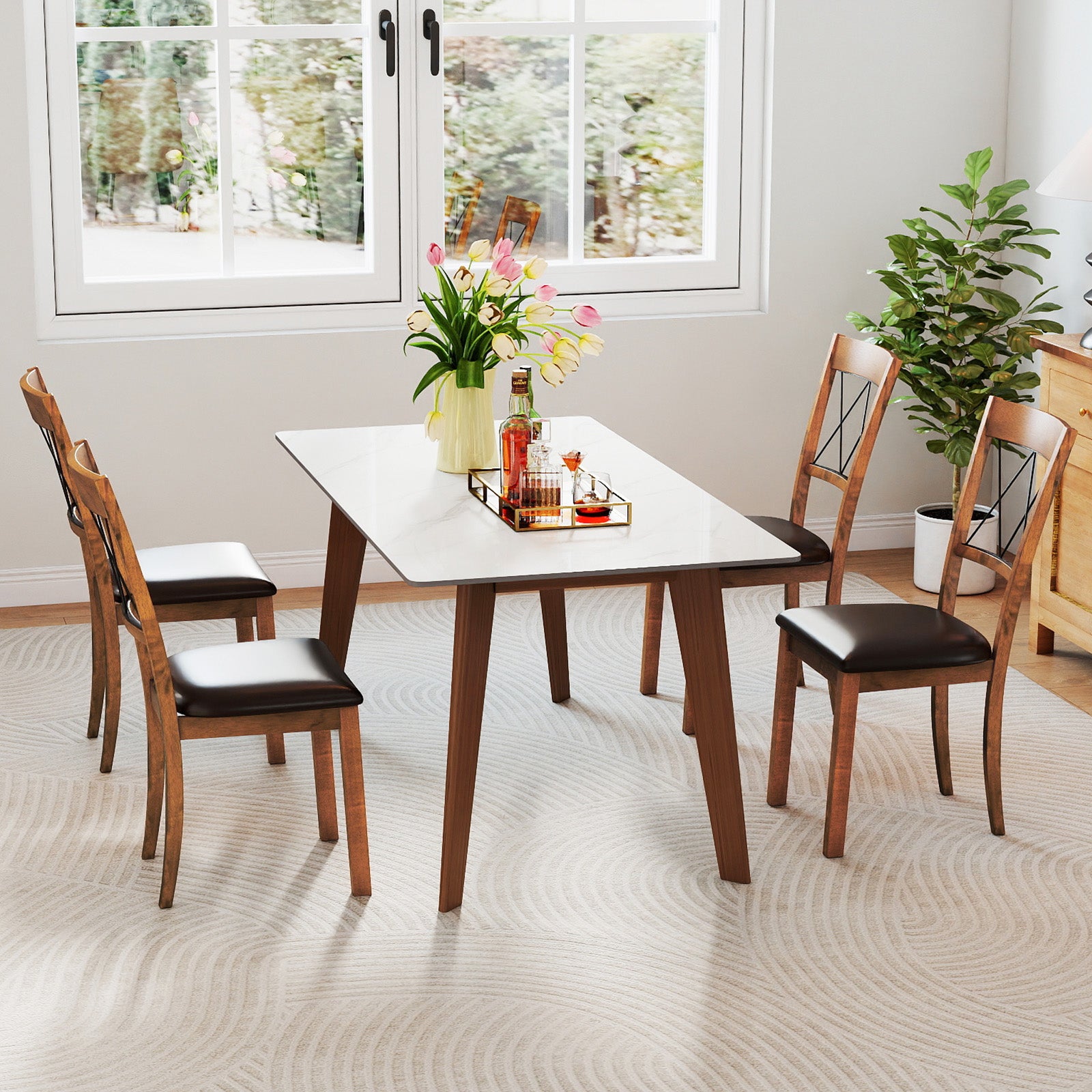 Dining Chair Set of 2 Fabric Upholstered Kitchen Armless Chairs with Rubber Wood Frame, Walnut Dining Chairs at Gallery Canada