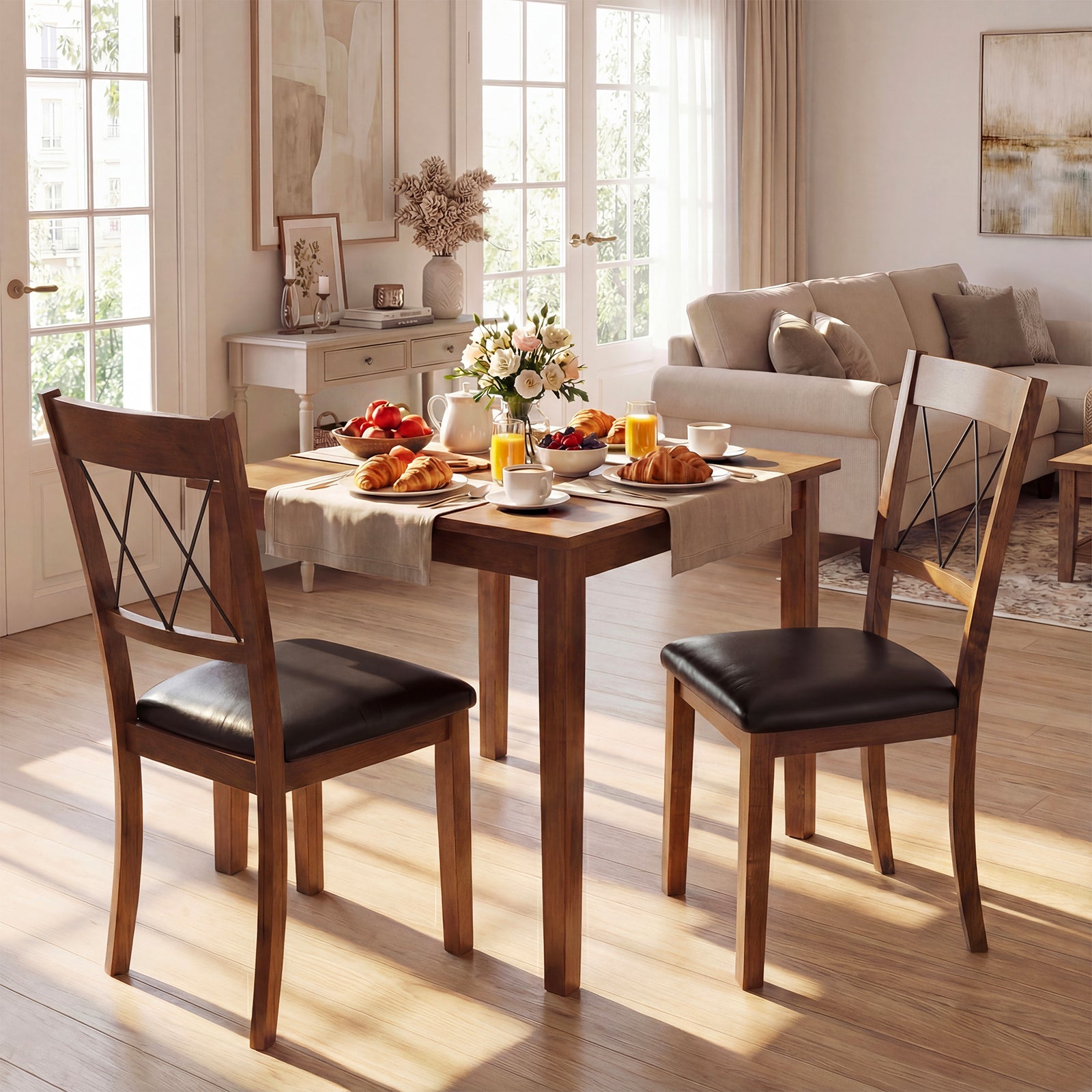 Dining Chair Set of 2 Fabric Upholstered Kitchen Armless Chairs with Rubber Wood Frame, Walnut Dining Chairs at Gallery Canada