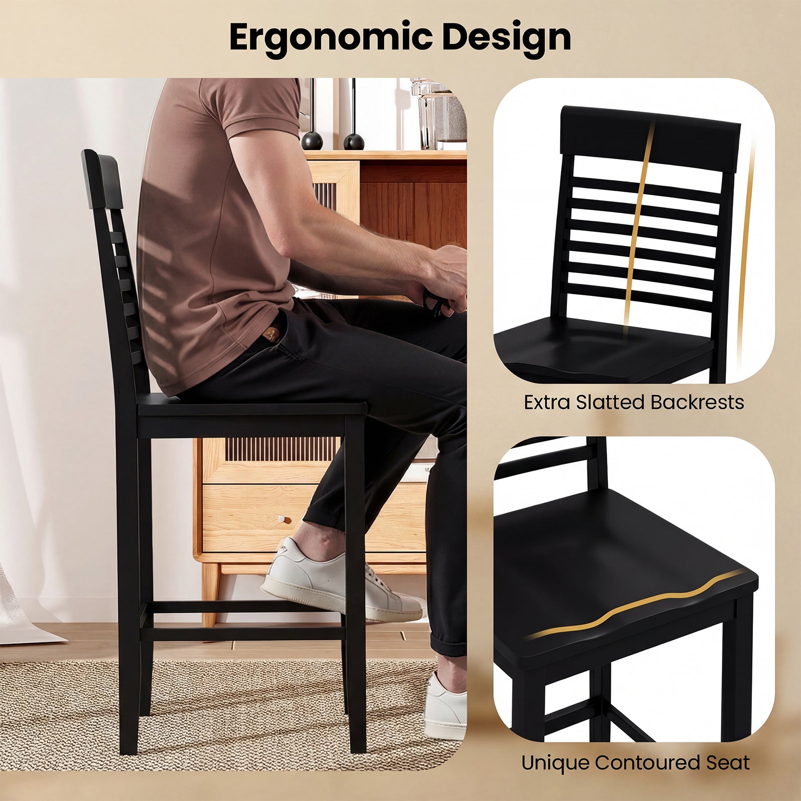 Dining Chair Set of 2 with Footrests and Solid Wood Frame, Black Dining Chairs at Gallery Canada