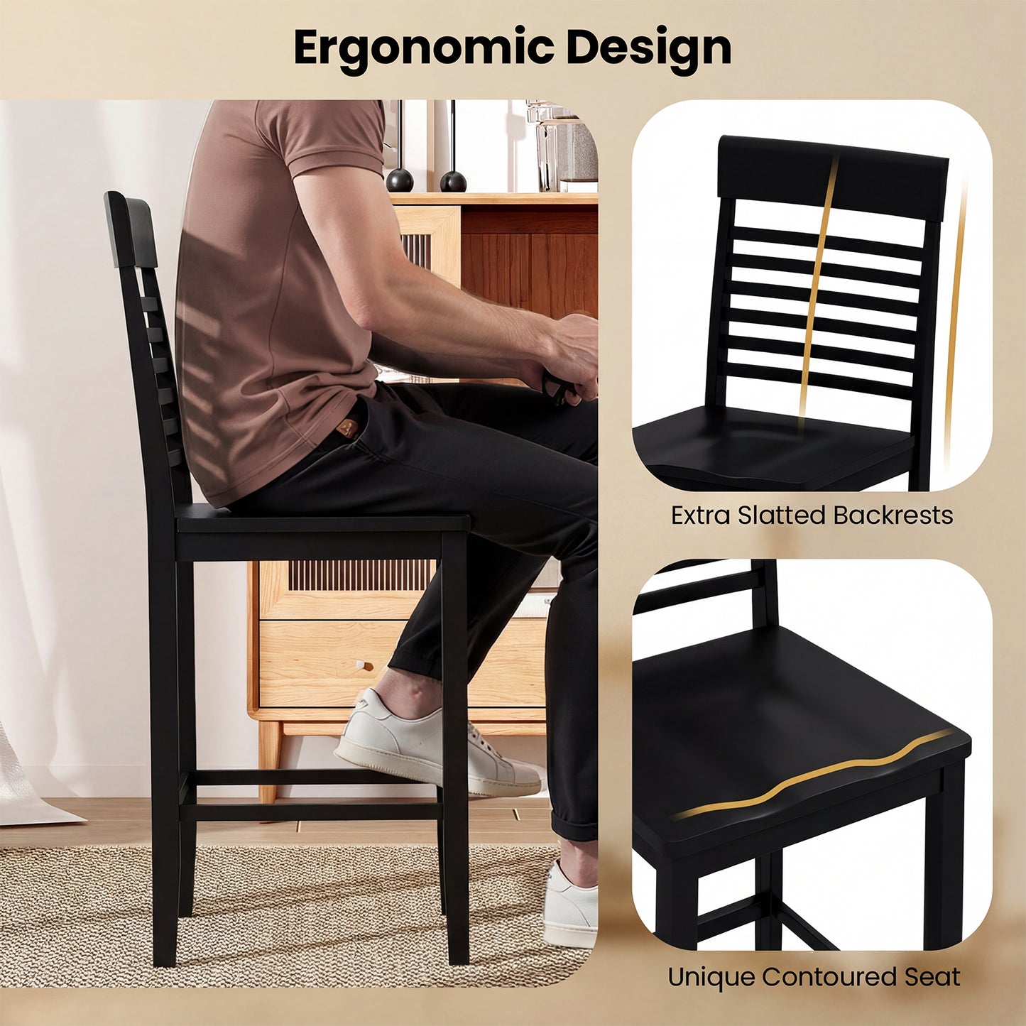 Dining Chair Set of 2 with Footrests and Solid Wood Frame, Black Dining Chairs at Gallery Canada