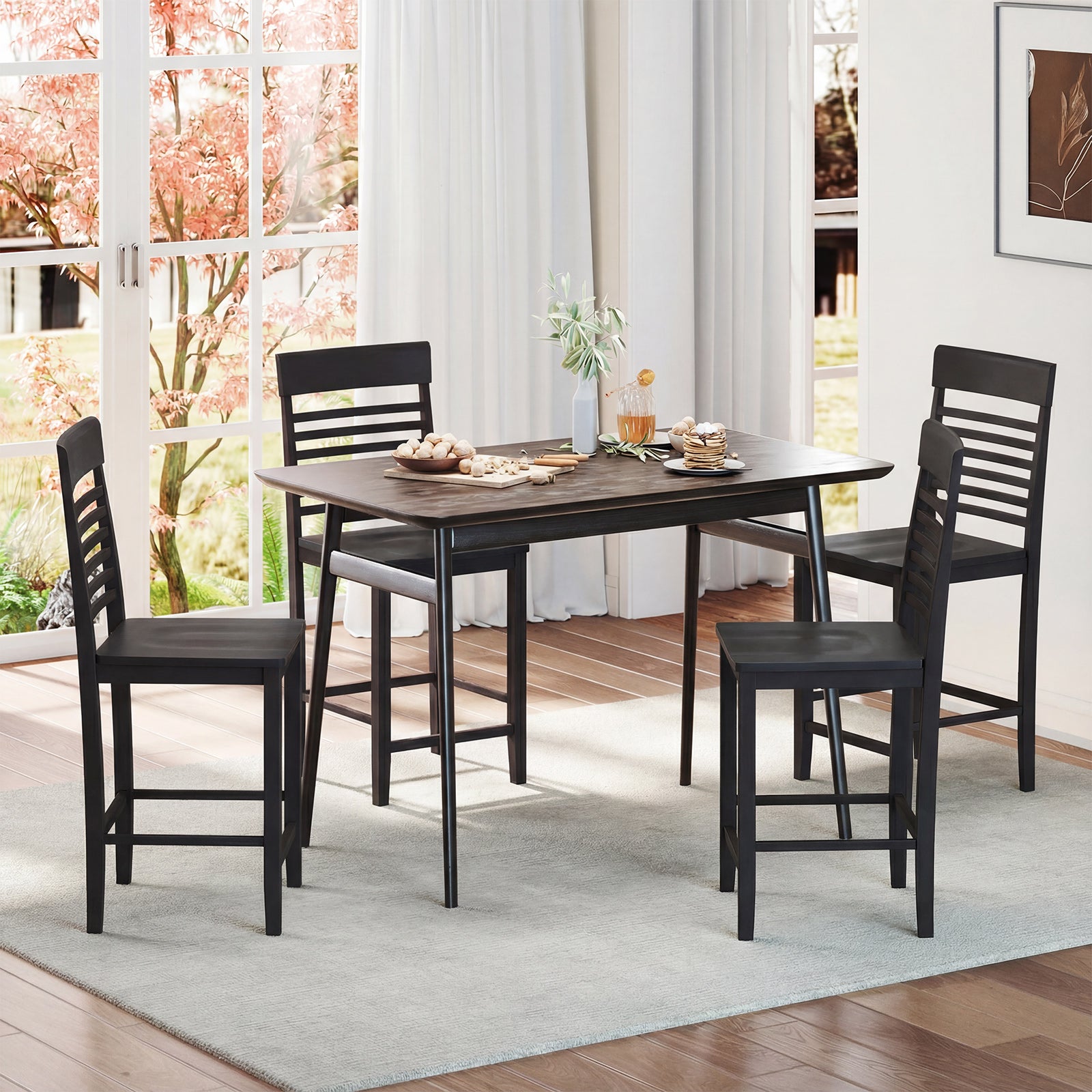 Dining Chair Set of 2 with Footrests and Solid Wood Frame, Black Dining Chairs at Gallery Canada