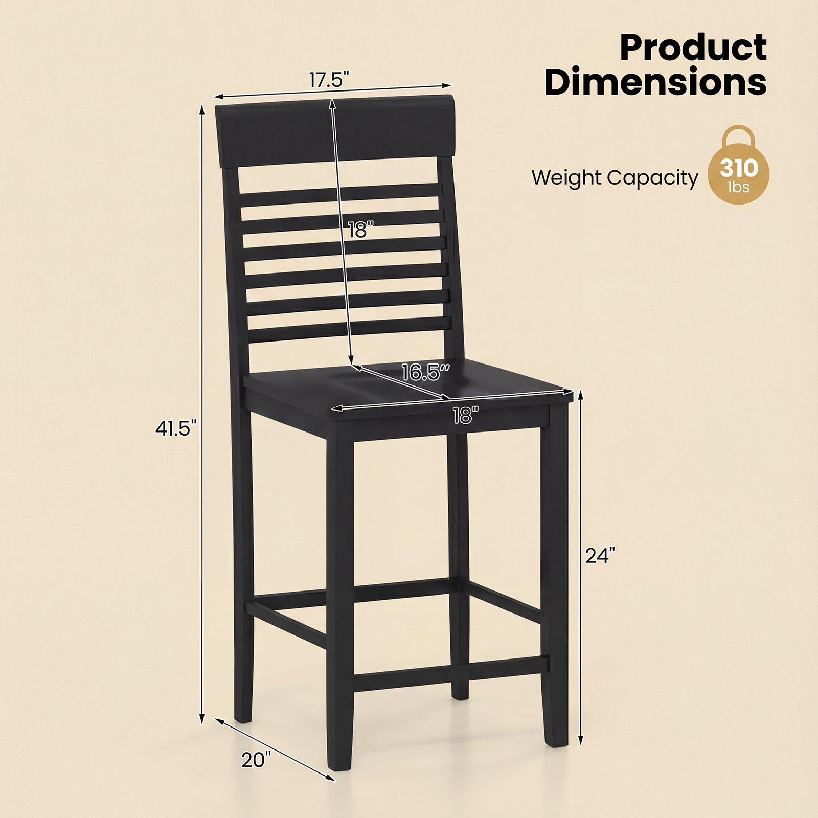 Dining Chair Set of 2 with Footrests and Solid Wood Frame, Black Dining Chairs at Gallery Canada