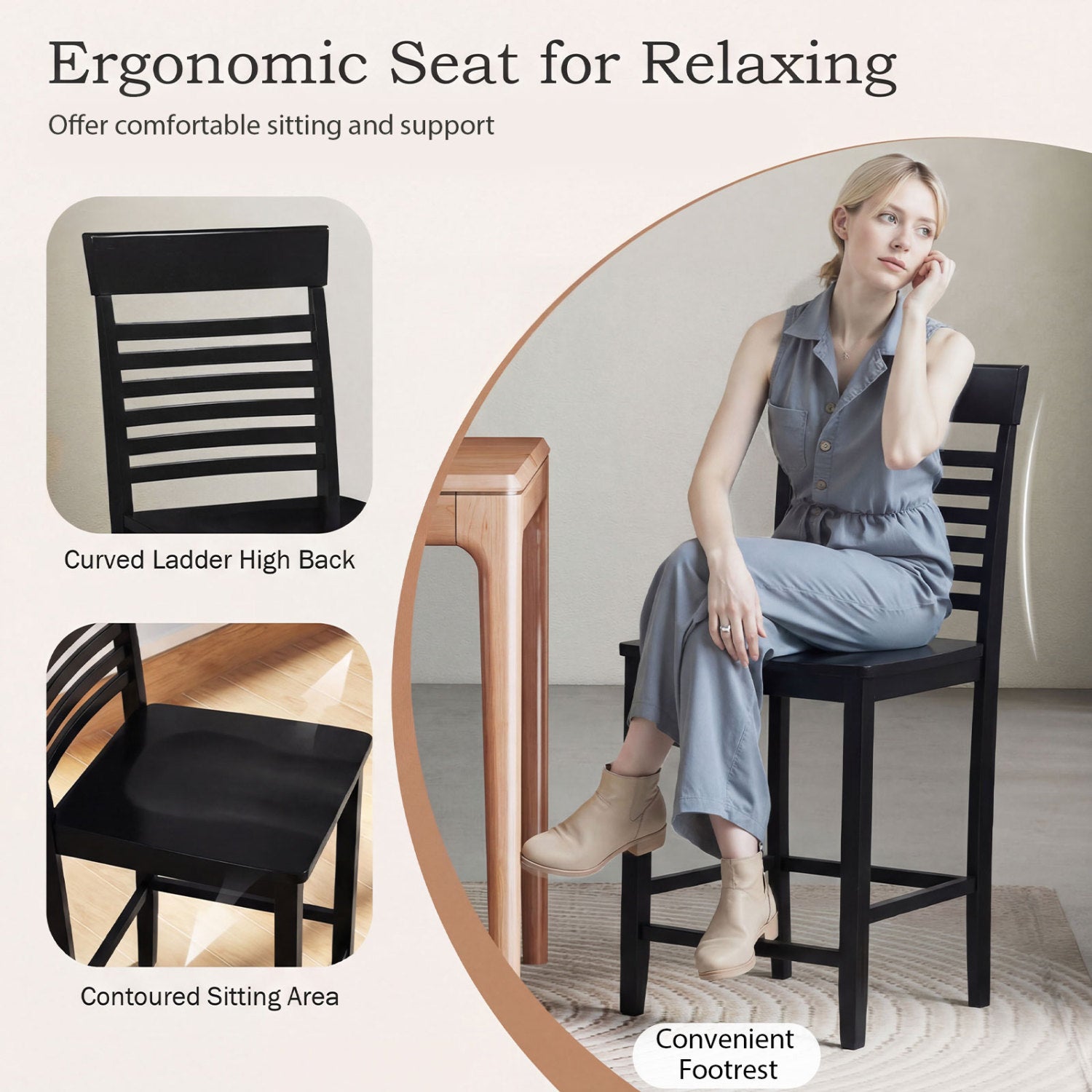 Dining Chair Set of 2 with Footrests and Solid Wood Frame, Black Dining Chairs at Gallery Canada