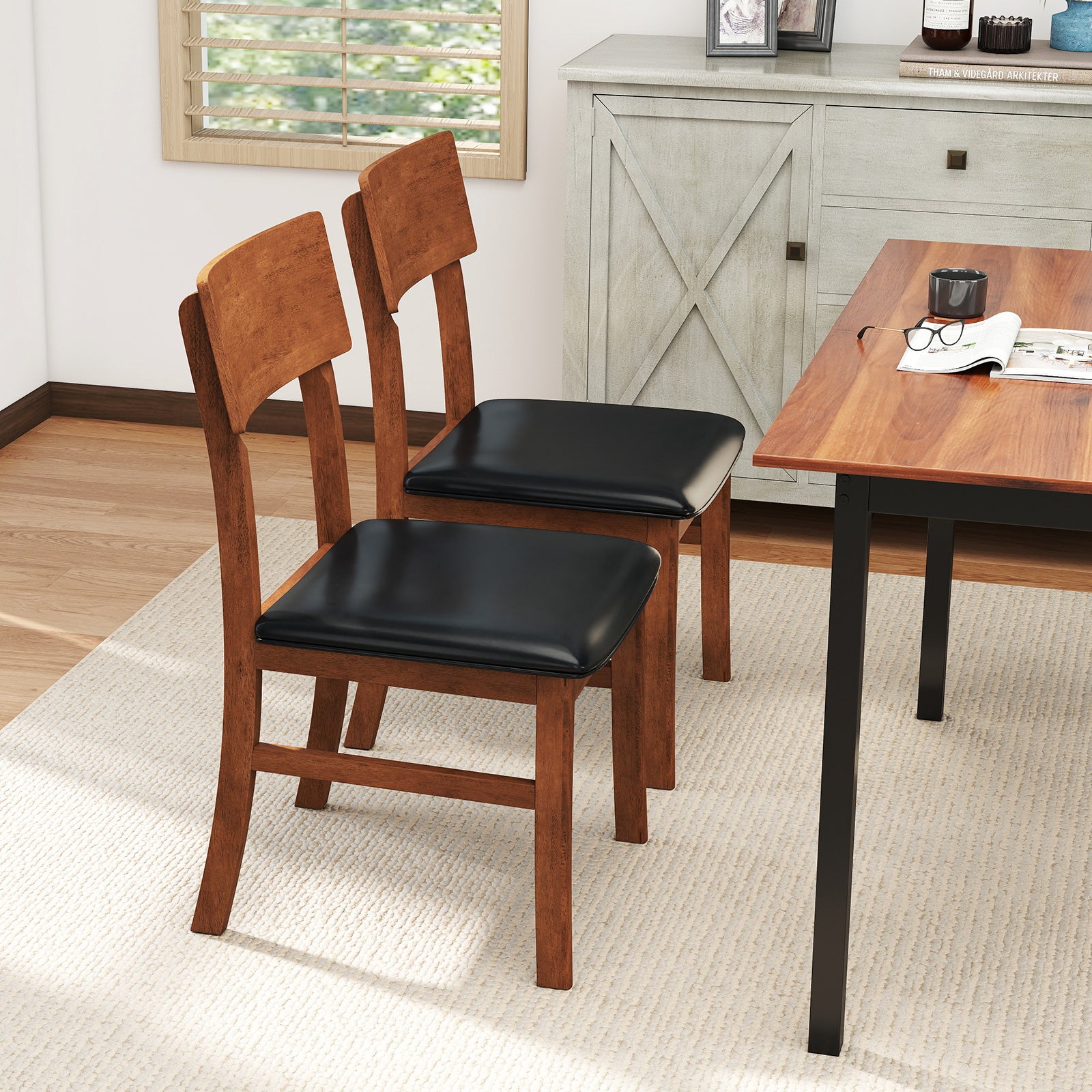 Dining Chairs Set of 2 with Rubber Wood Legs and Faux Leather Upholstered Seat, Black Dining Chairs at Gallery Canada