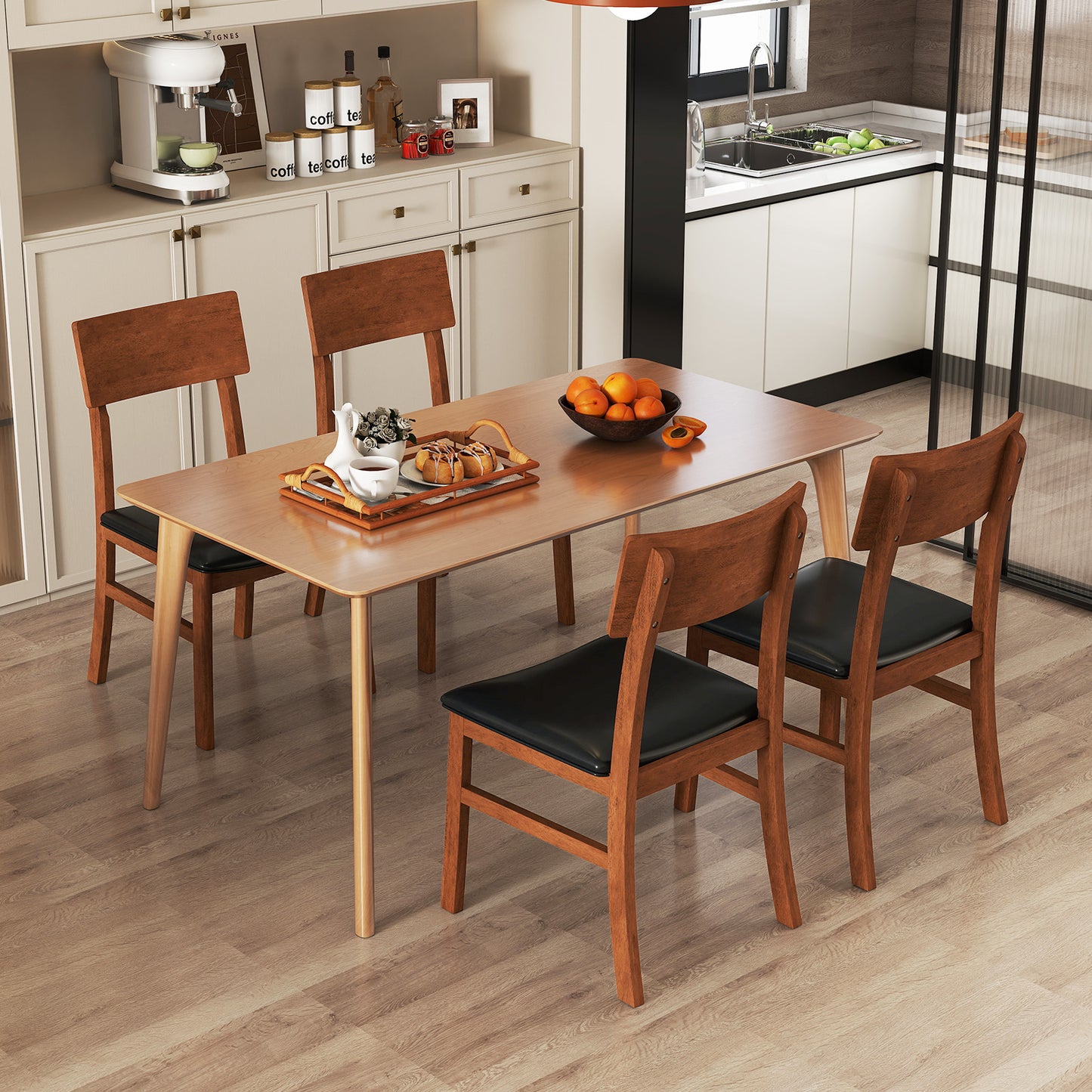 Dining Chairs Set of 2 with Rubber Wood Legs and Faux Leather Upholstered Seat, Black Dining Chairs at Gallery Canada